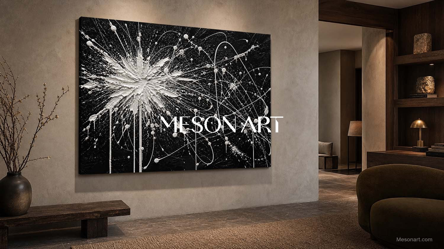 Black And White Pollock Style Abstract Painting With Textured Relief For Modern Wall Art