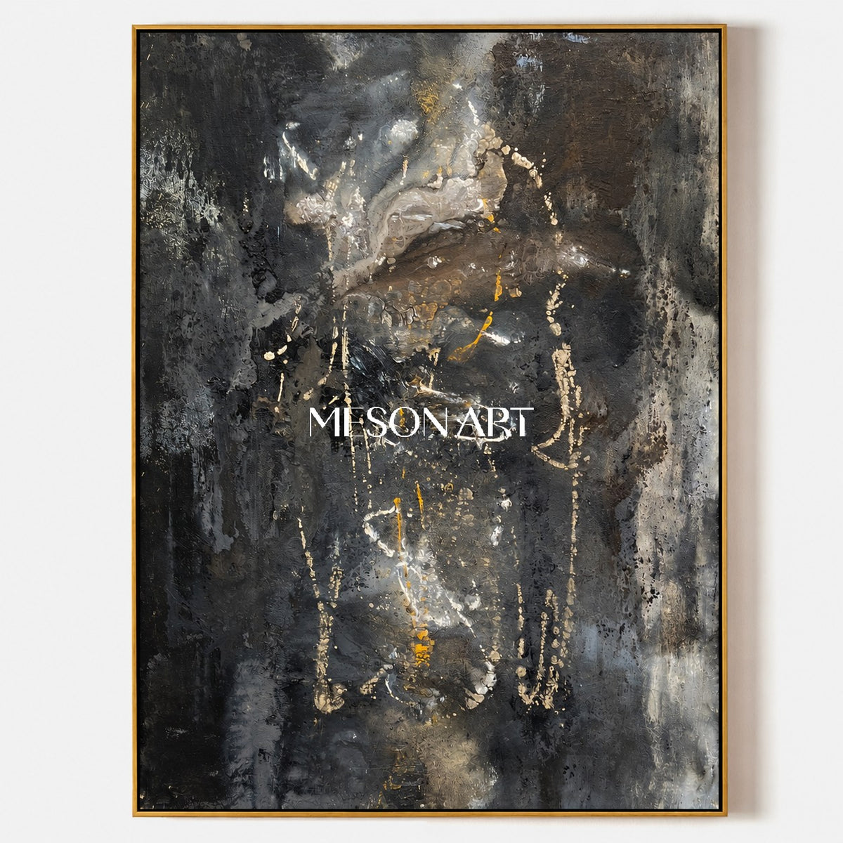 Black And Gold Abstract Painting Modern Textured Wall Art For Living Room Rectangular Canvas By Mesonart