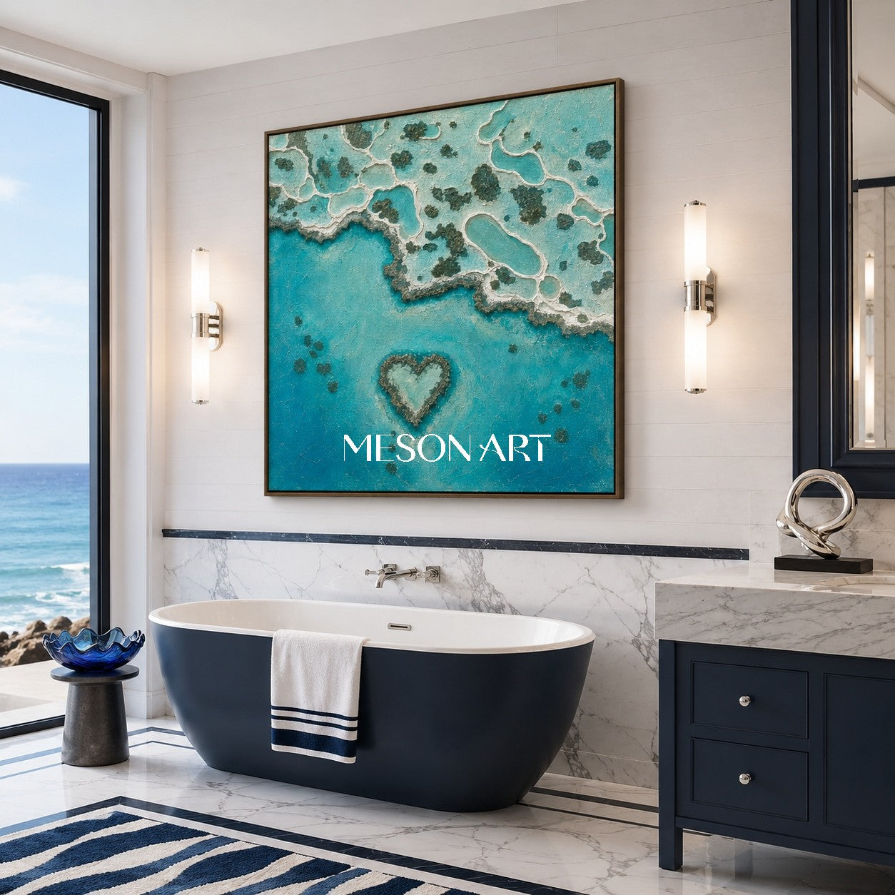 Turquoise Heart Lagoon Abstract Ocean Art For Romantic Bedroom Decor