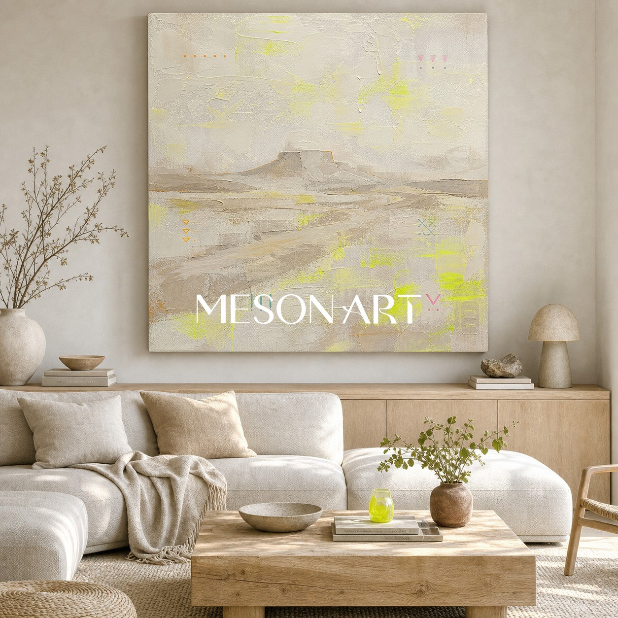 Natural Beige Abstract Landscape Oil Painting With Lime Green Accents For Modern Home Decor