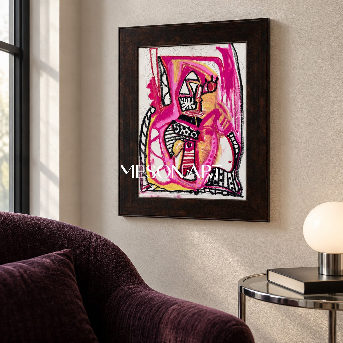 Pink And Black Contemporary Figurative Portrait Rectangular Wall Art Original Artist Painting By Mesonart