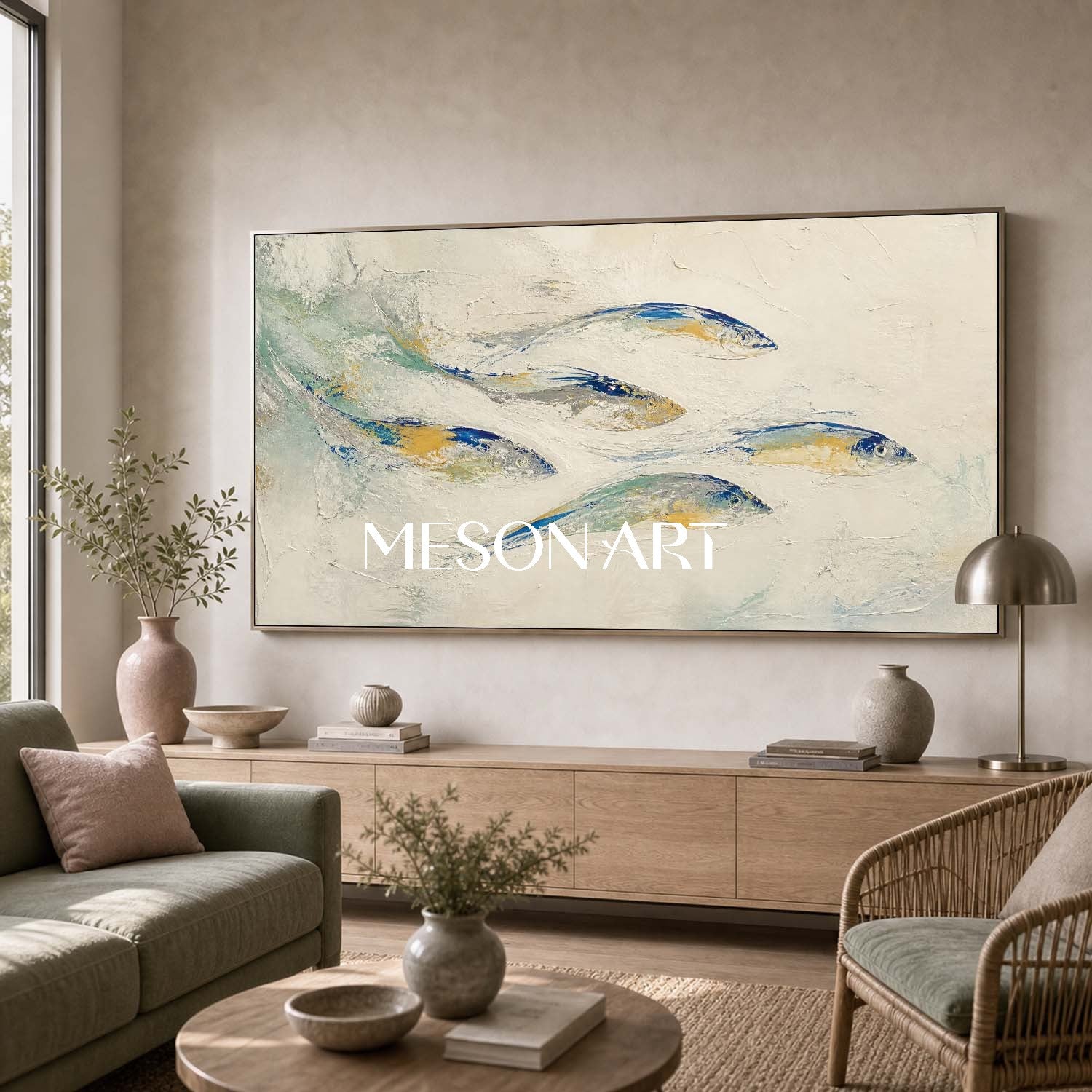 Abstract Blue Fish Painting On Linen Canvas With Textured Finish For Coastal Living Room Decor