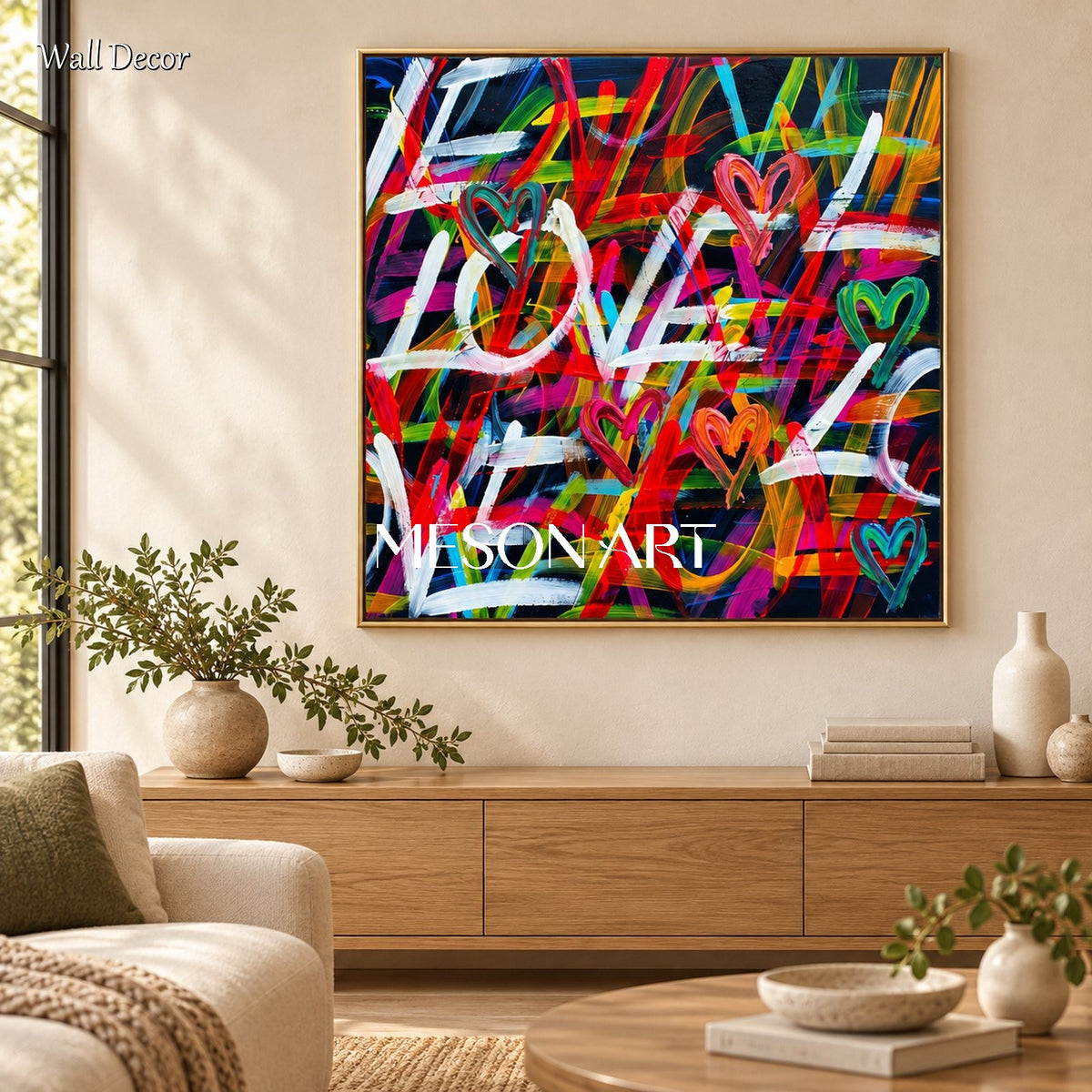 Red And Black Abstract Graffiti Love Painting Square Wall Art For Living Room Original Artist By Mesonart