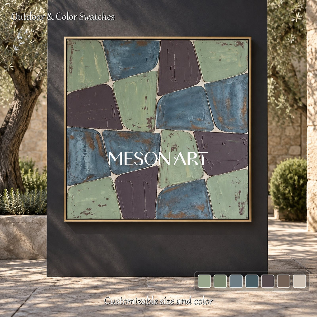 Blue And Green Minimalist Square Wall Art Original Artist Painting For Living Room By Mesonart