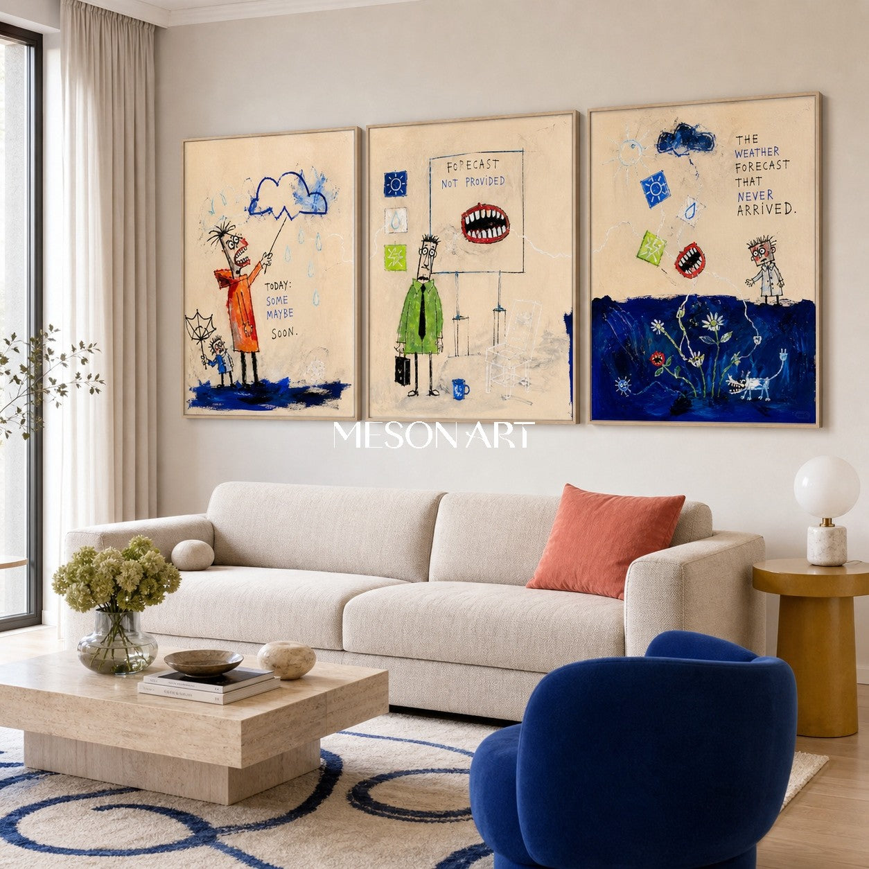 Blue Beige Graffiti Narrative Figurative Cartoon Weather Rectangular Wall Art Original Artist Hand Painted By Mesonart