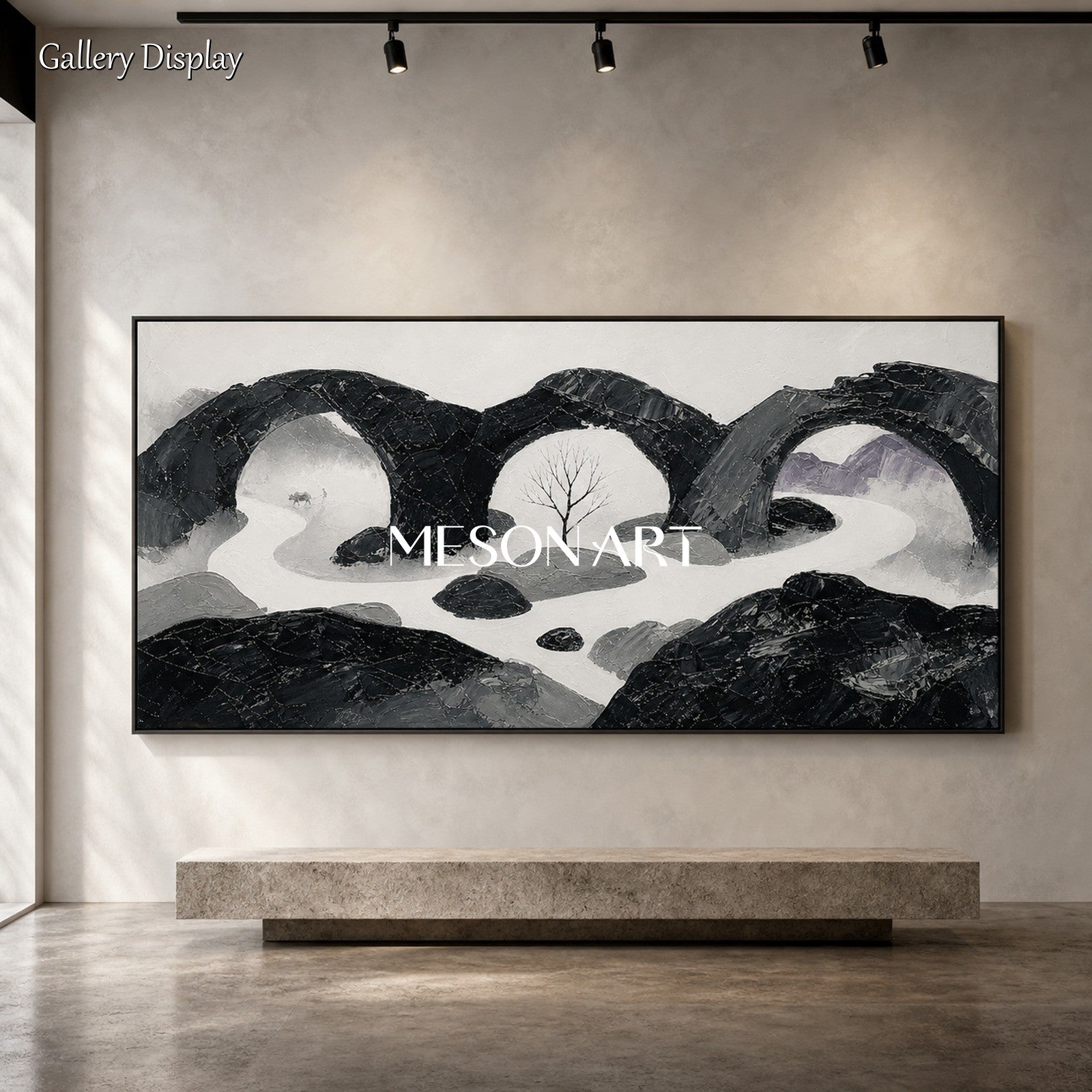 Art Deco Black And White Abstract Landscape Painting With Textured Relief For Living Room And Office