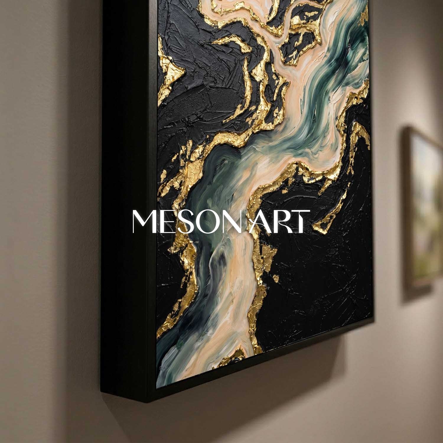 Luxury Abstract Seascape Painting With Gold Leaf Texture For Modern Living Room Decor
