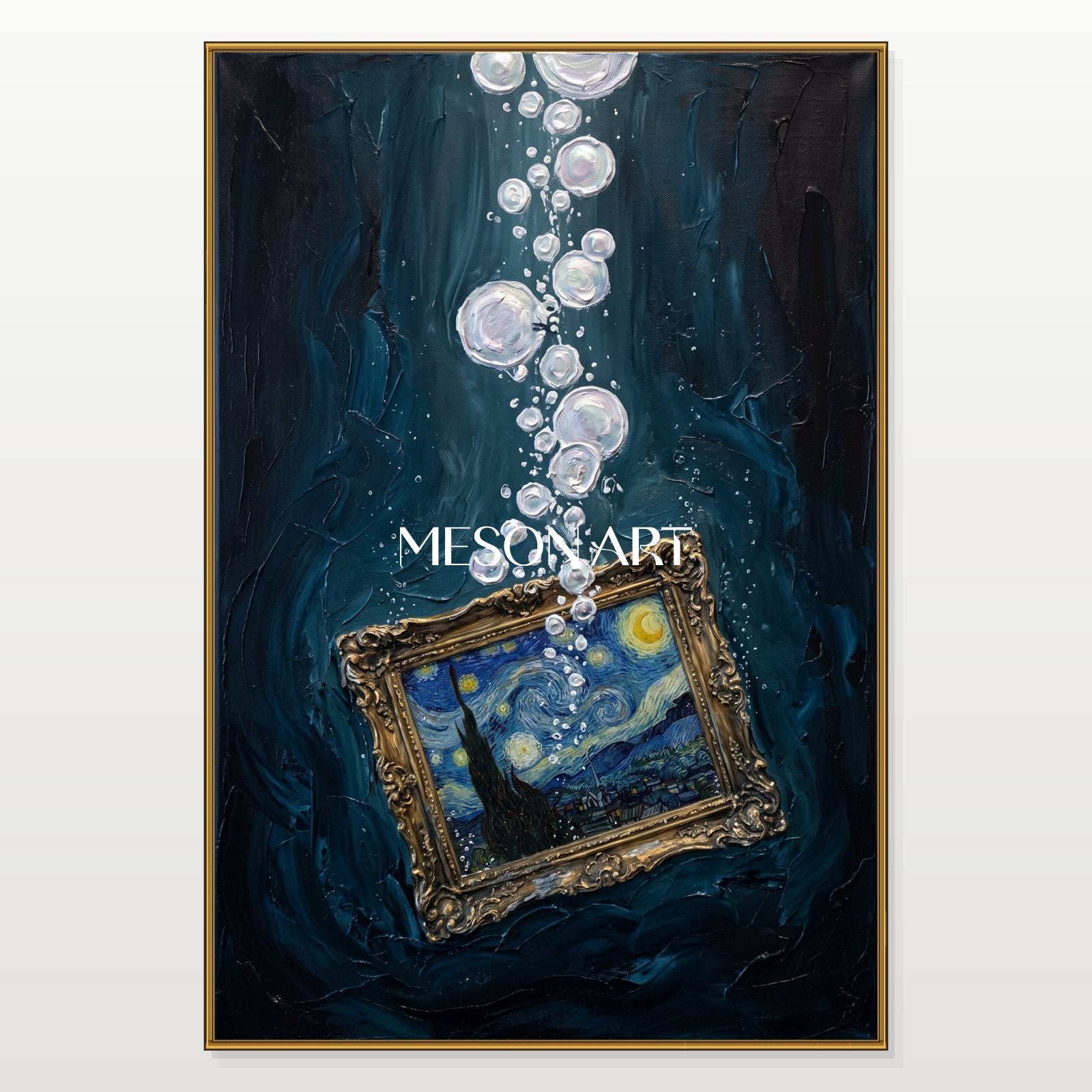 Blue And Gold Surrealism Figurative Contemporary Art Rectangular Wall Decor For Living Room By Mesonart