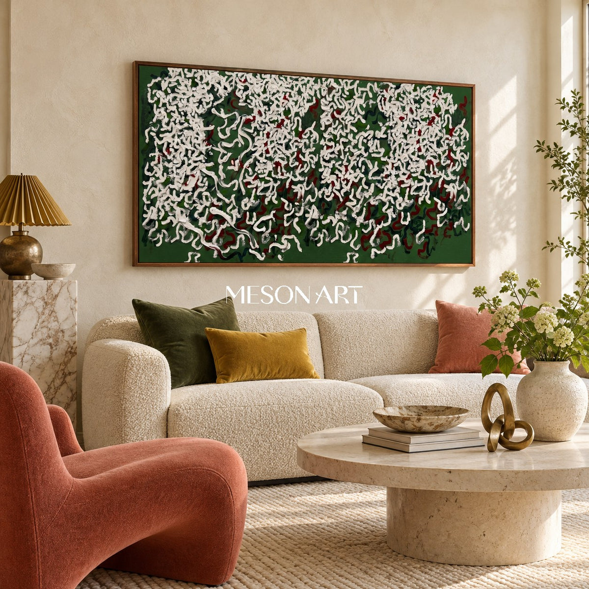Green And White Abstract Art Impasto Palette Knife Forest Minimalist Contemporary Panoramic Wall Decor By Mesonart