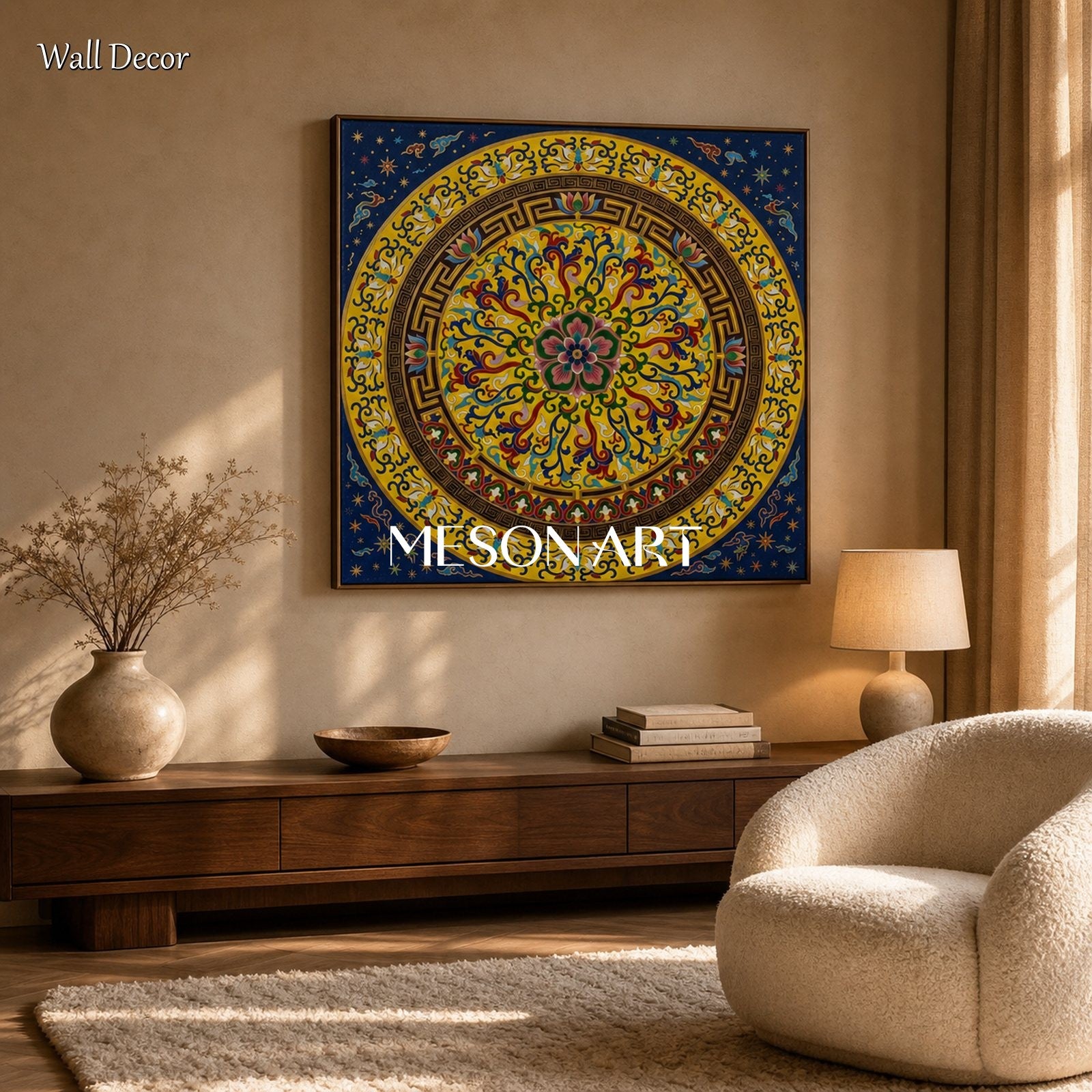 Blue And Gold Persian Arabesque Art Islamic Geometric Wall Decor Square Original Artist Hand Painted By Mesonart