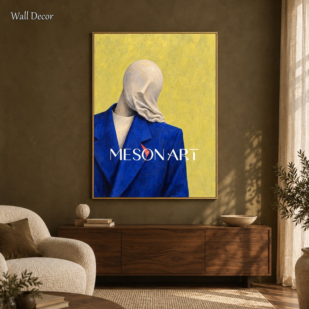 Blue And Yellow Surrealist Portrait Painting Rectangular Wall Art For Living Room By Mesonart