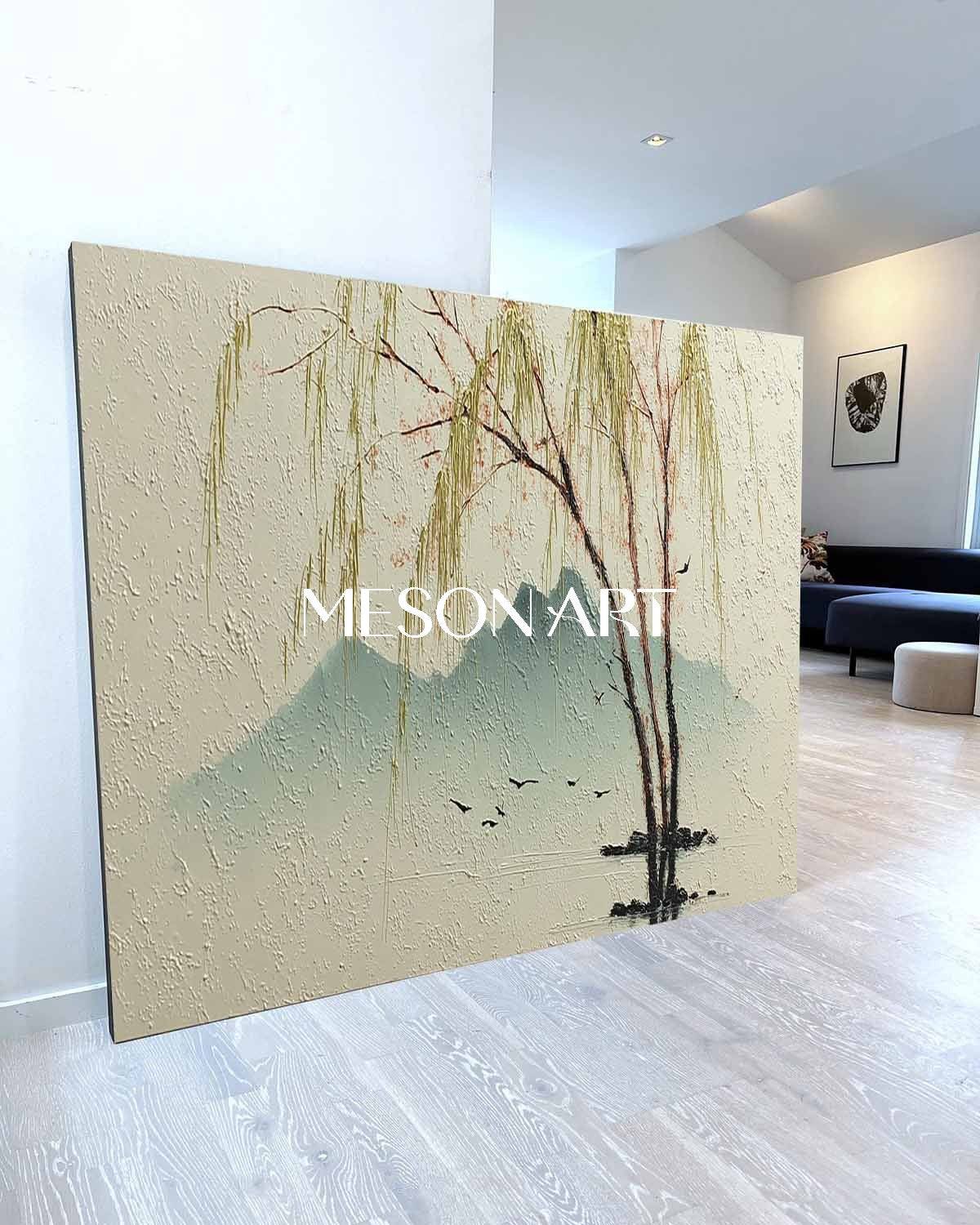 Willow Tree Landscape Painting on Canvas – Hand-Painted Wall Art by Mesonart