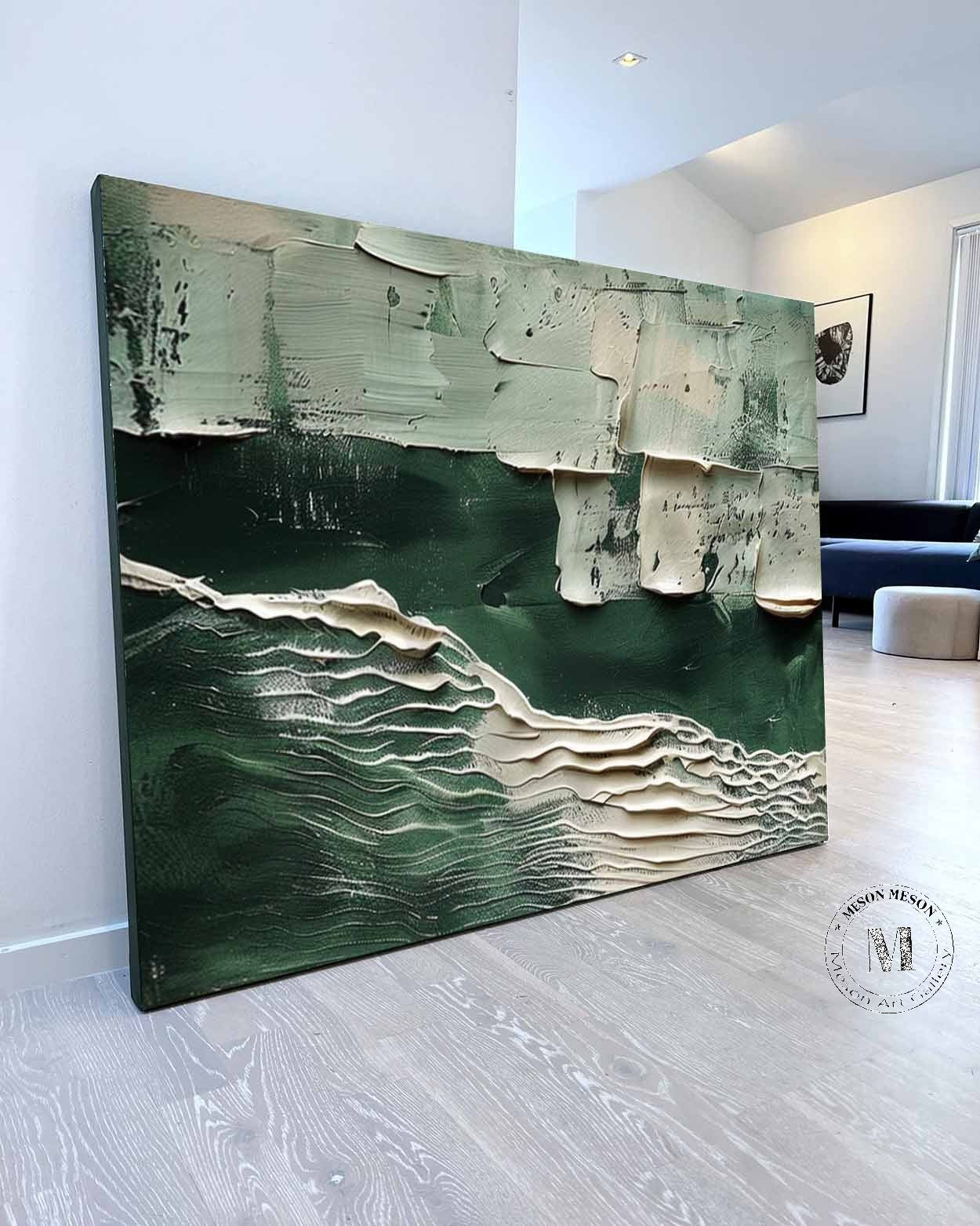 Large White and Green Abstract Wall Art for Sale White Minimalist Textured Canvas Painting