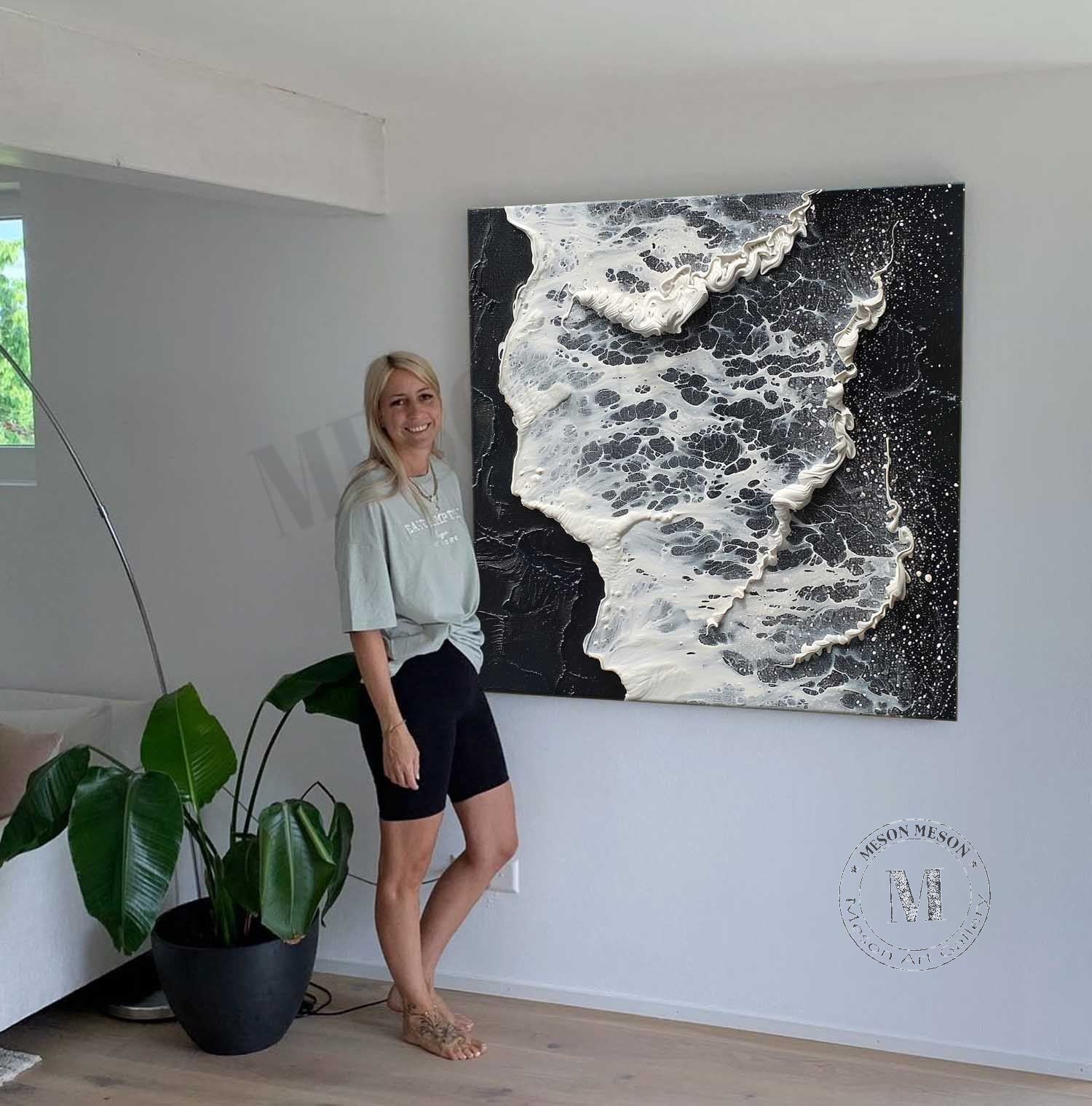 3D Black and White Wave Art Canvas Black and White Abstract Textured Acrylic Wall Painting