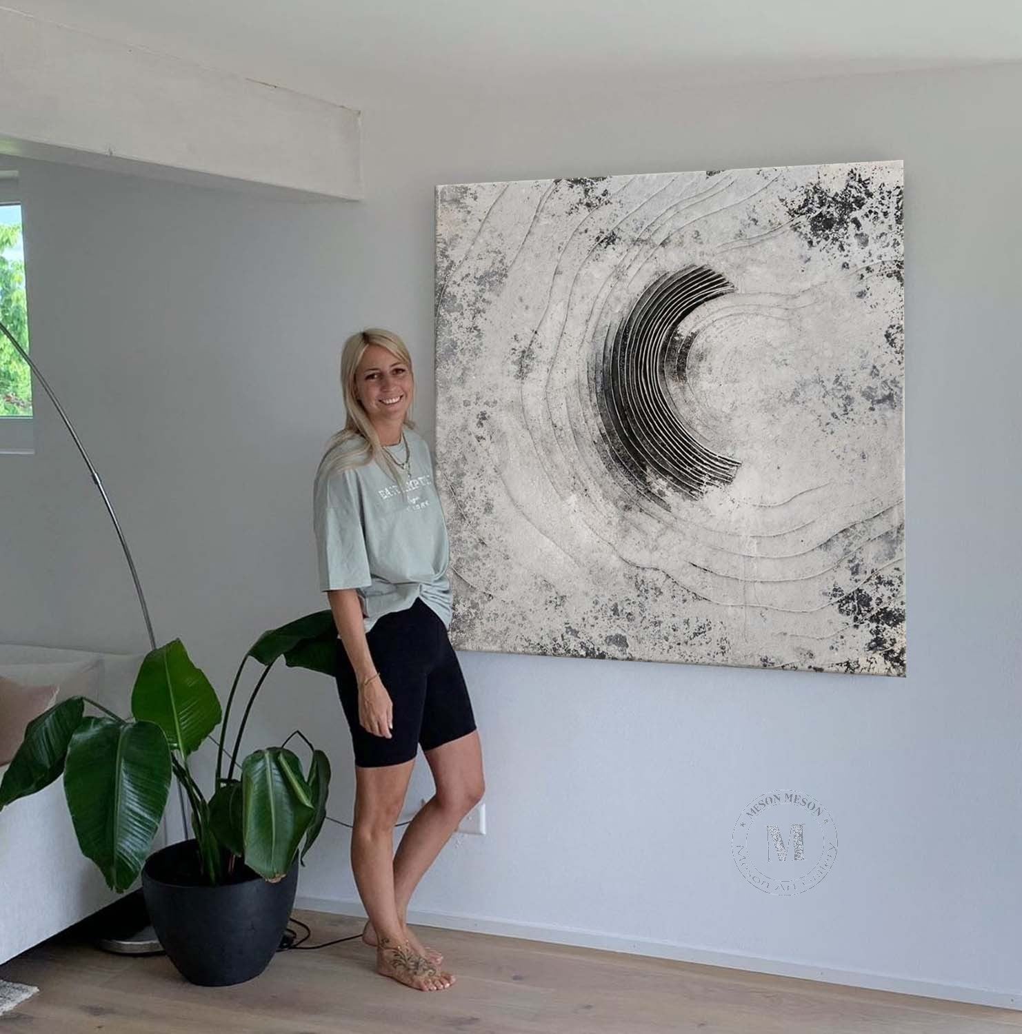 Large 3D Grey Texture Painting Grey Abstract Canvas Wall Decor Art For Sale