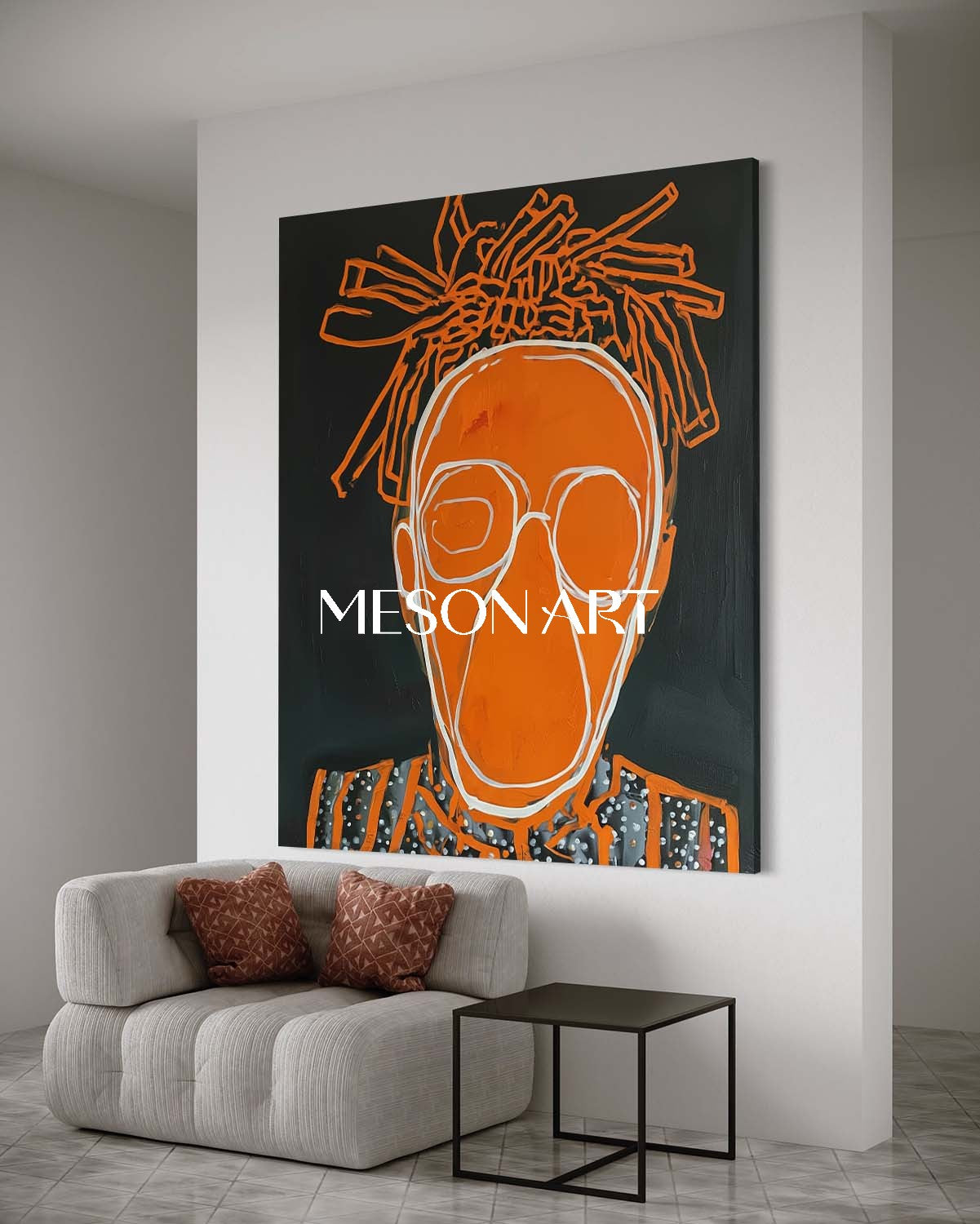 Modern Street Art Portrait Orange Textured Handmade Canvas Entryway
