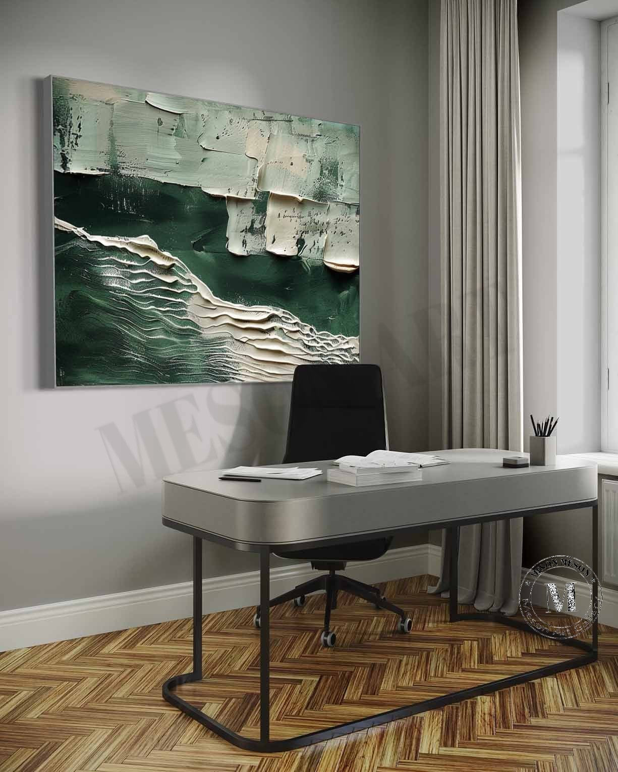 Large White and Green Abstract Wall Art for Sale White Minimalist Textured Canvas Painting