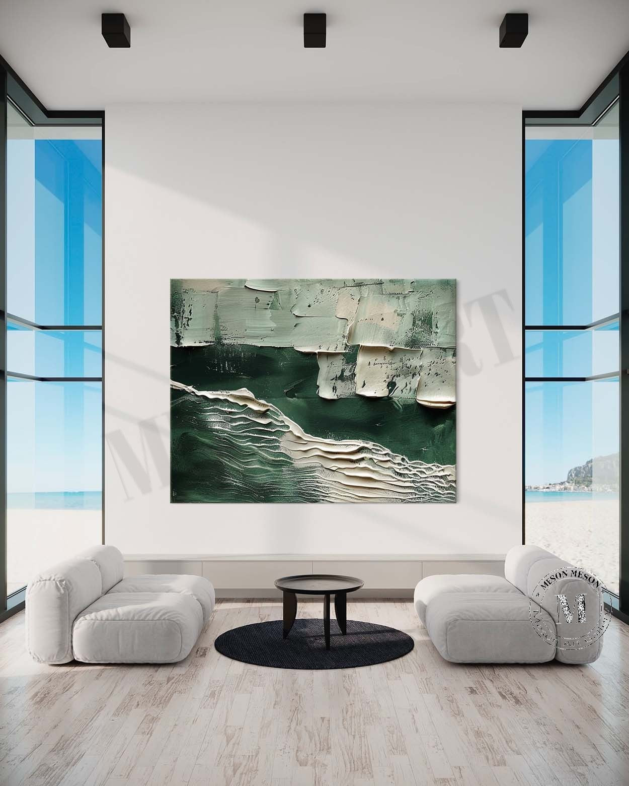 Large White and Green Abstract Wall Art for Sale White Minimalist Textured Canvas Painting