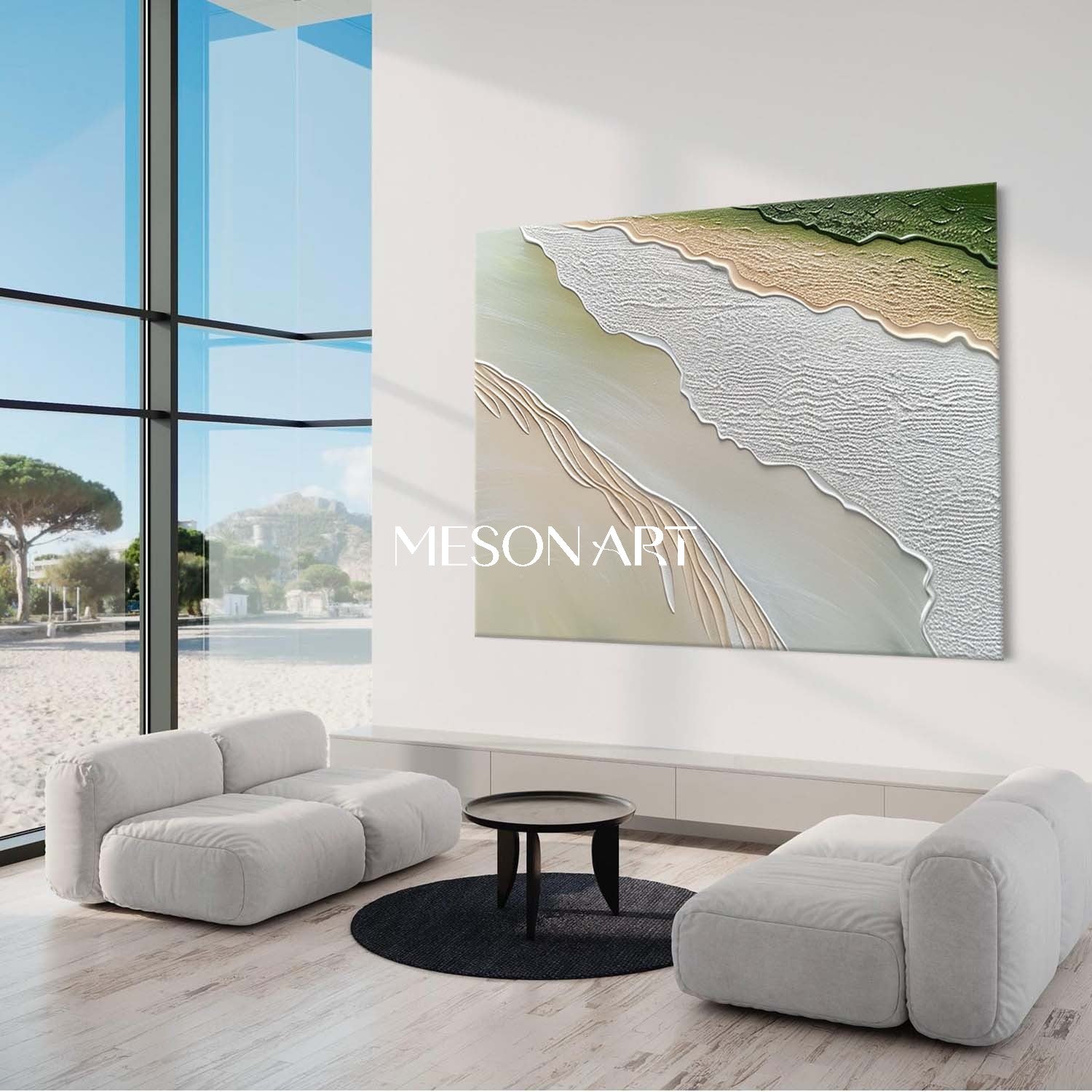 Green Beige Impasto Wave and Beach Textured Large Canvas Oil Painting