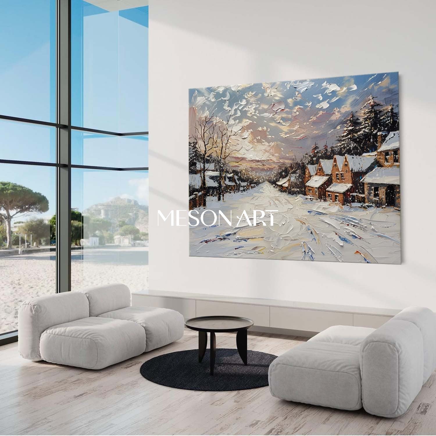 Impasto Snow Village Landscape Oil Painting Customizable Wall Decor