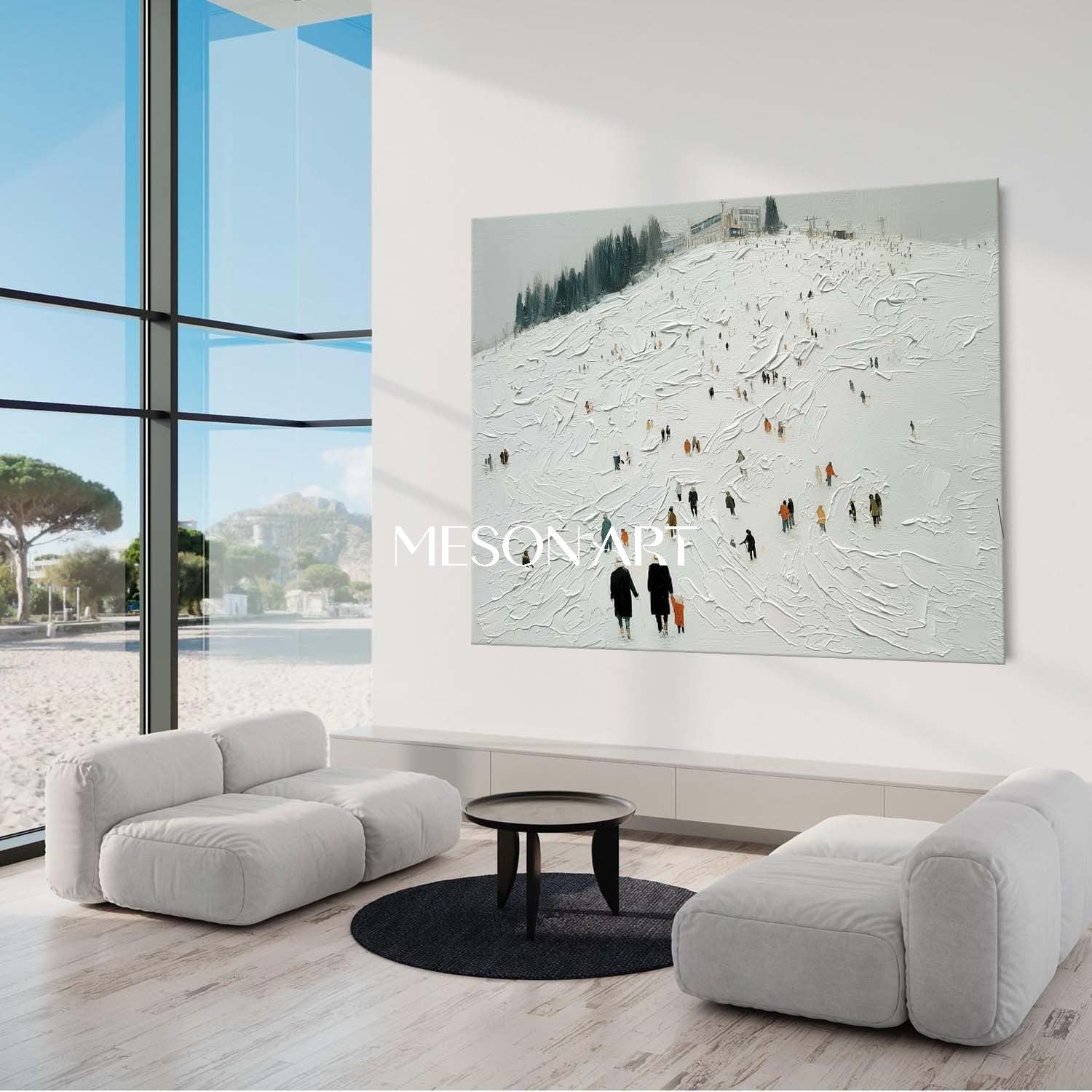 White Grey Impasto Snowscape Ski Resort Abstract Textured Painting Art