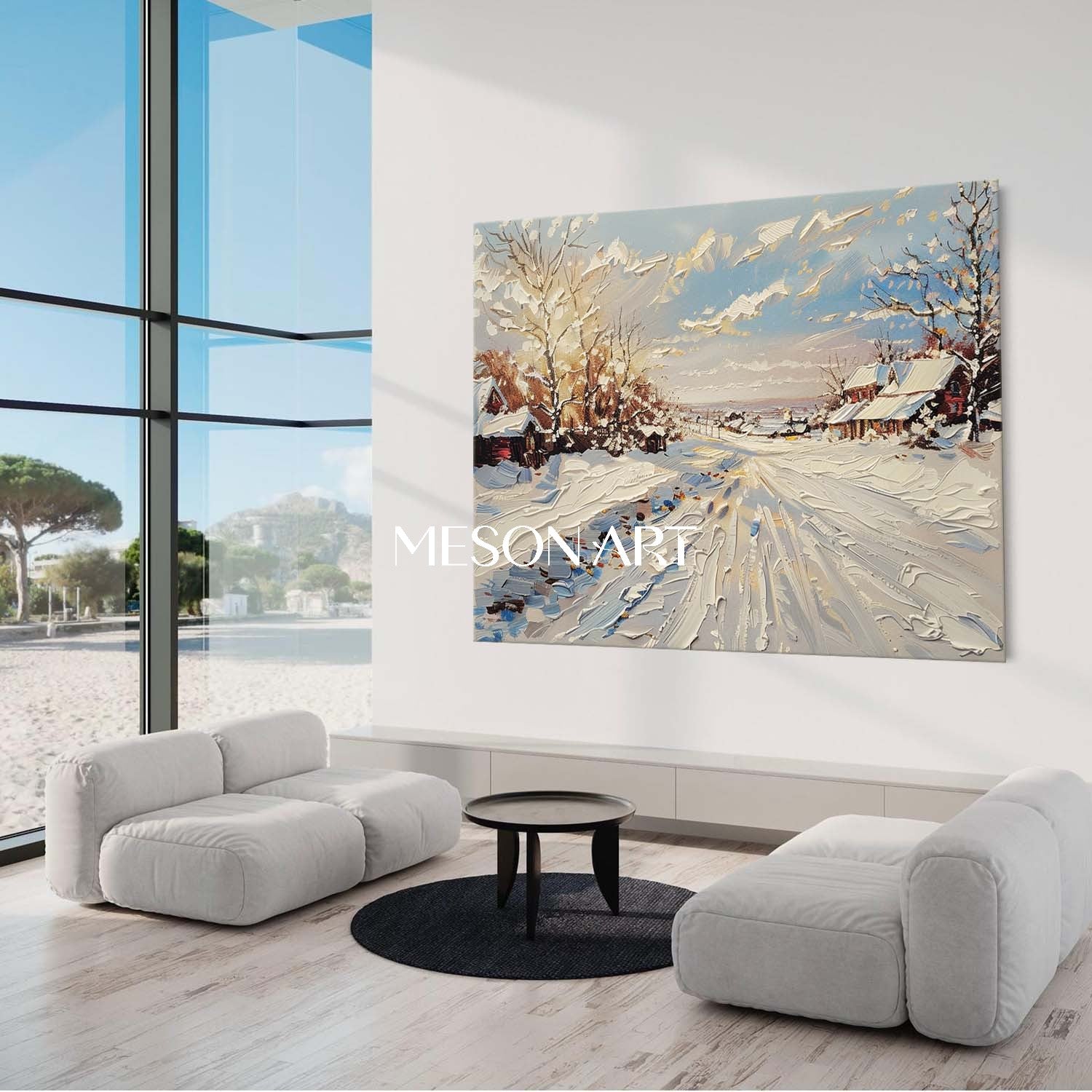 Hand-Painted Dnowscape Canvas Winter Village Custom Textured Art