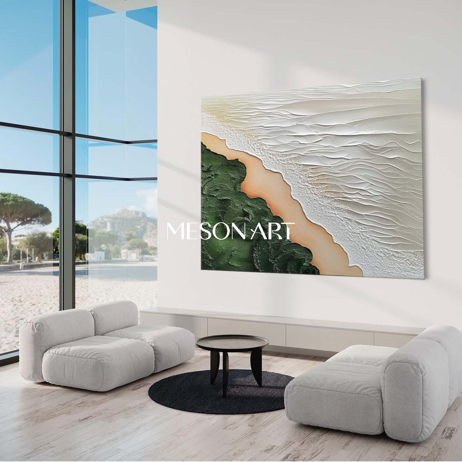 Contemporary Coastal Decor Green Beige Textured Wave Canvas Wall Art