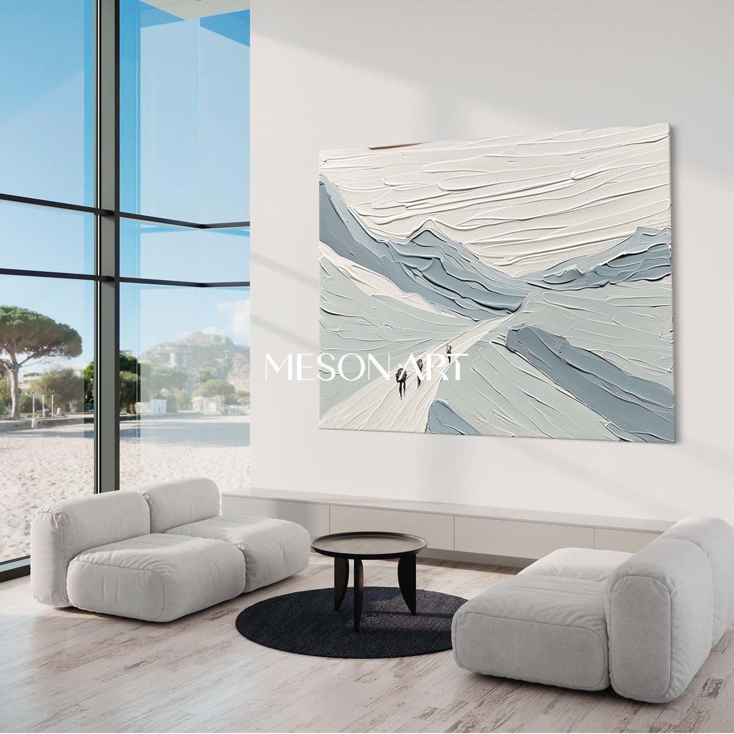 White Blue Impasto Art Abstract Snow Canvas Living Room Wall Decor