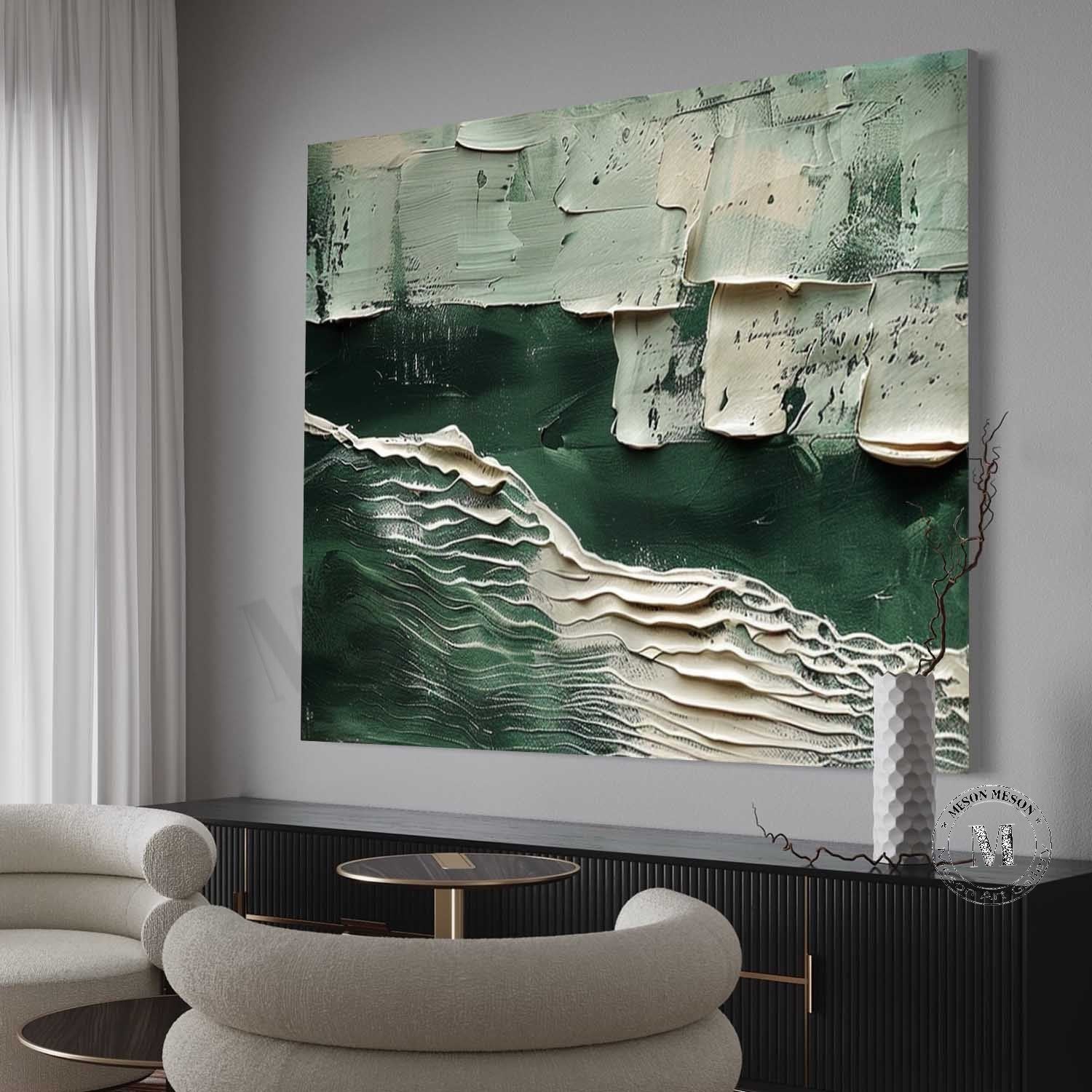 Large White and Green Abstract Wall Art for Sale White Minimalist Textured Canvas Painting