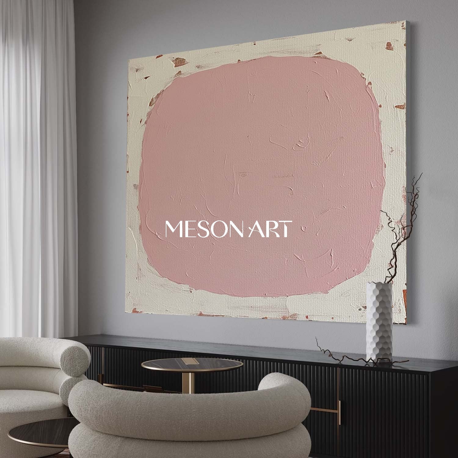 Pink Contemporary Minimalist Hand Painted Textured Canvas Living Room