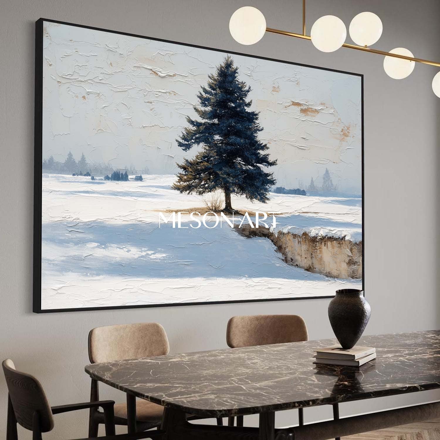 White Blue Impasto Painting Lonely Christmas Tree Winter Wall Art