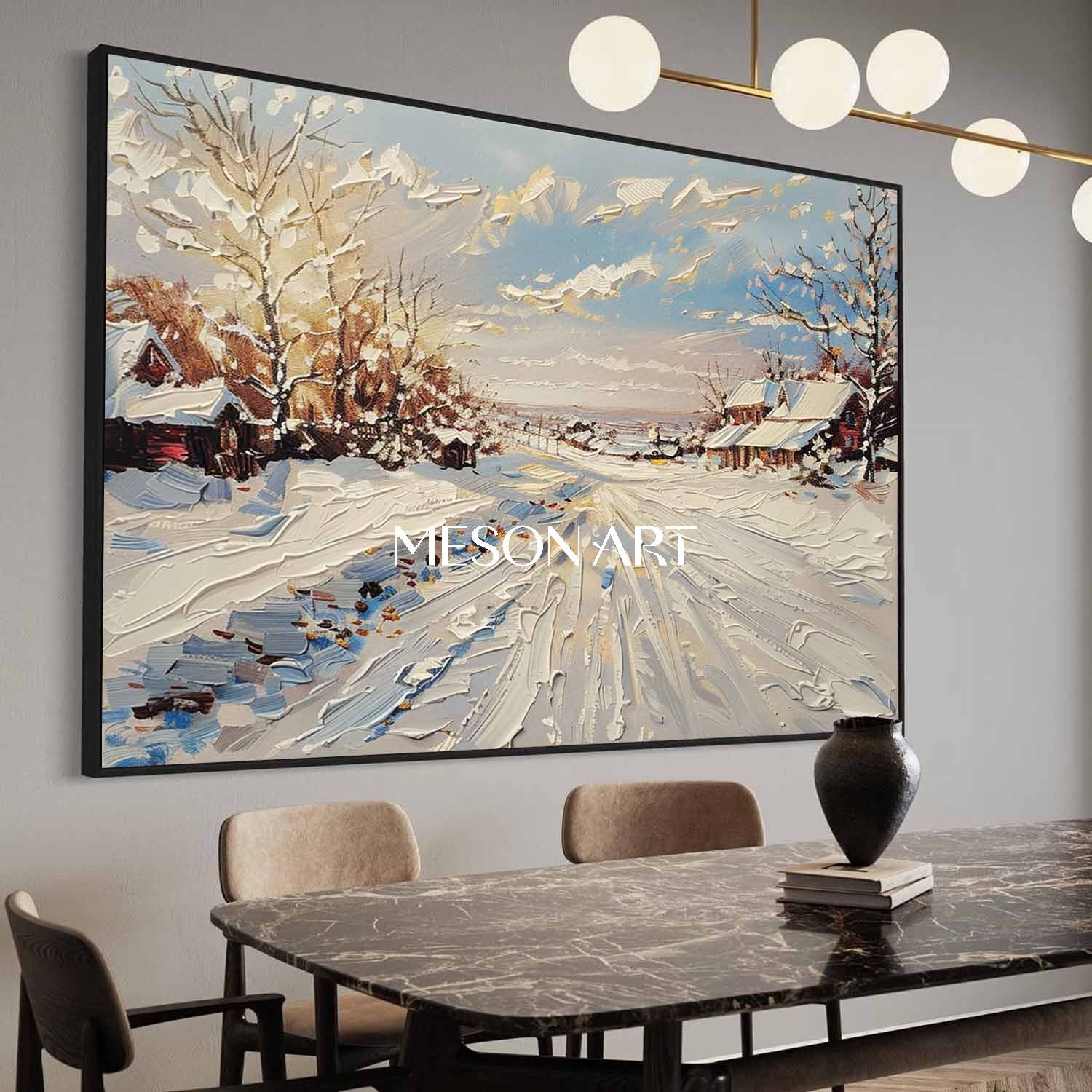 Hand-Painted Dnowscape Canvas Winter Village Custom Textured Art