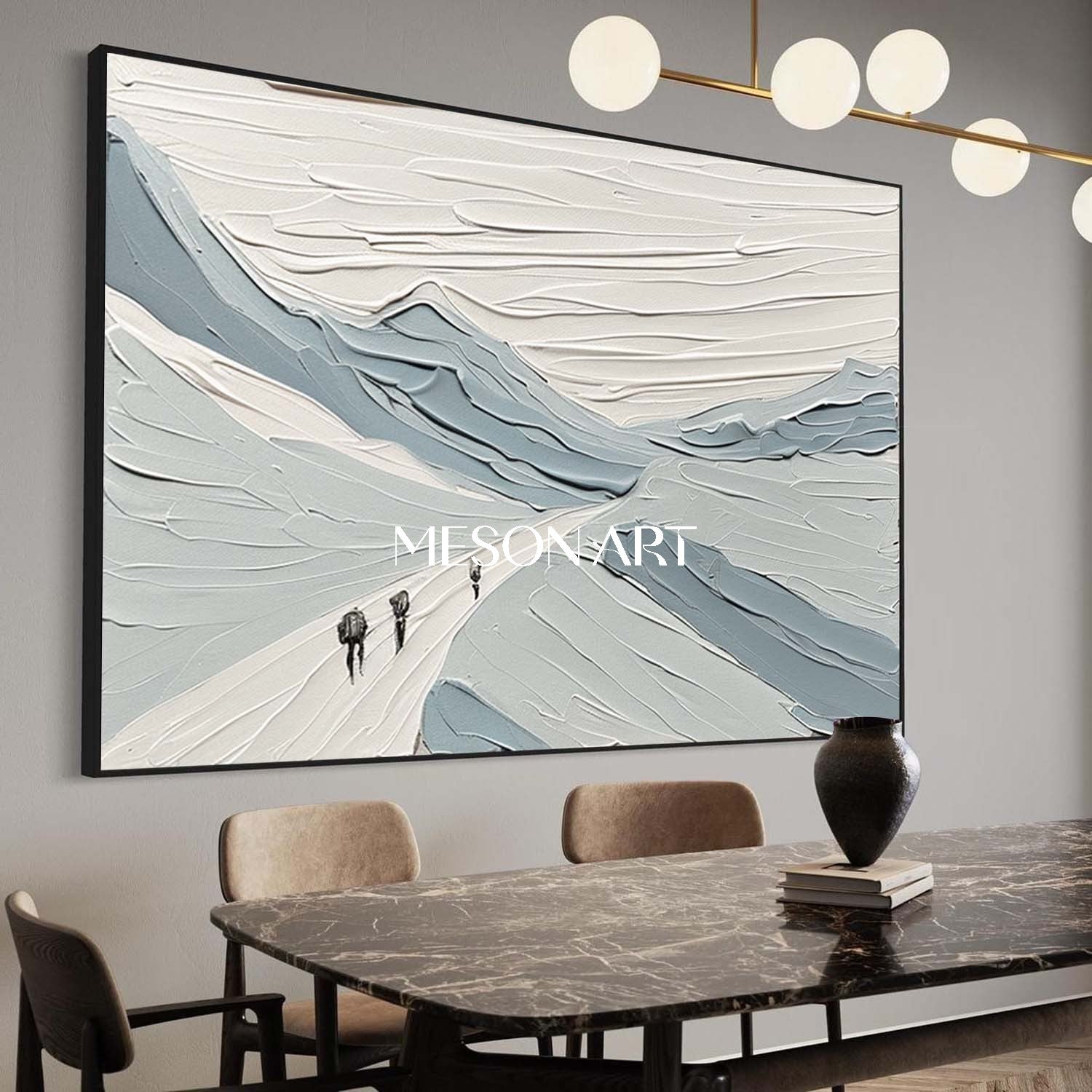 White Blue Impasto Art Abstract Snow Canvas Living Room Wall Decor