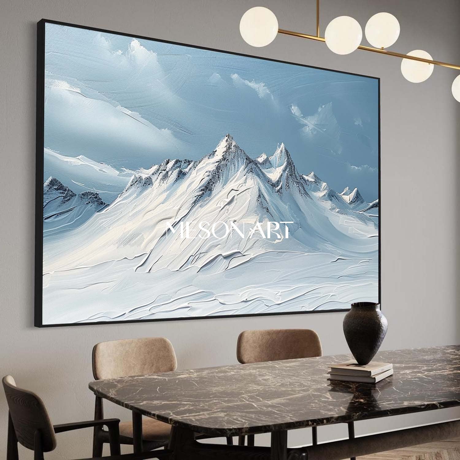 White Blue Impasto Snow Mountain Landscape Abstract Painting Lobby Art