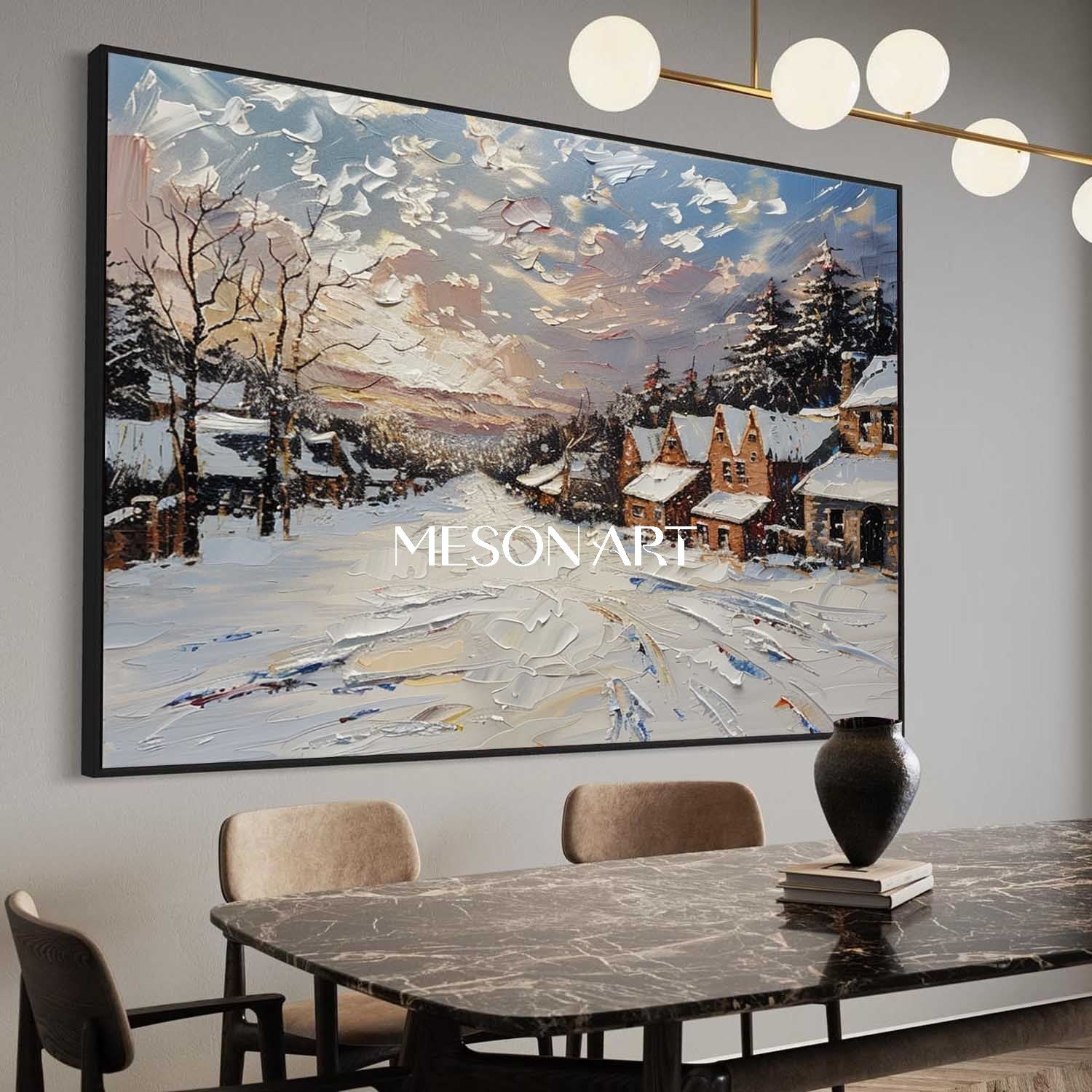 Impasto Snow Village Landscape Oil Painting Customizable Wall Decor