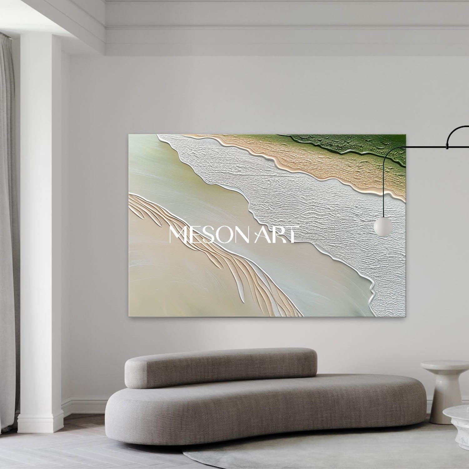 Green Beige Impasto Wave and Beach Textured Large Canvas Oil Painting