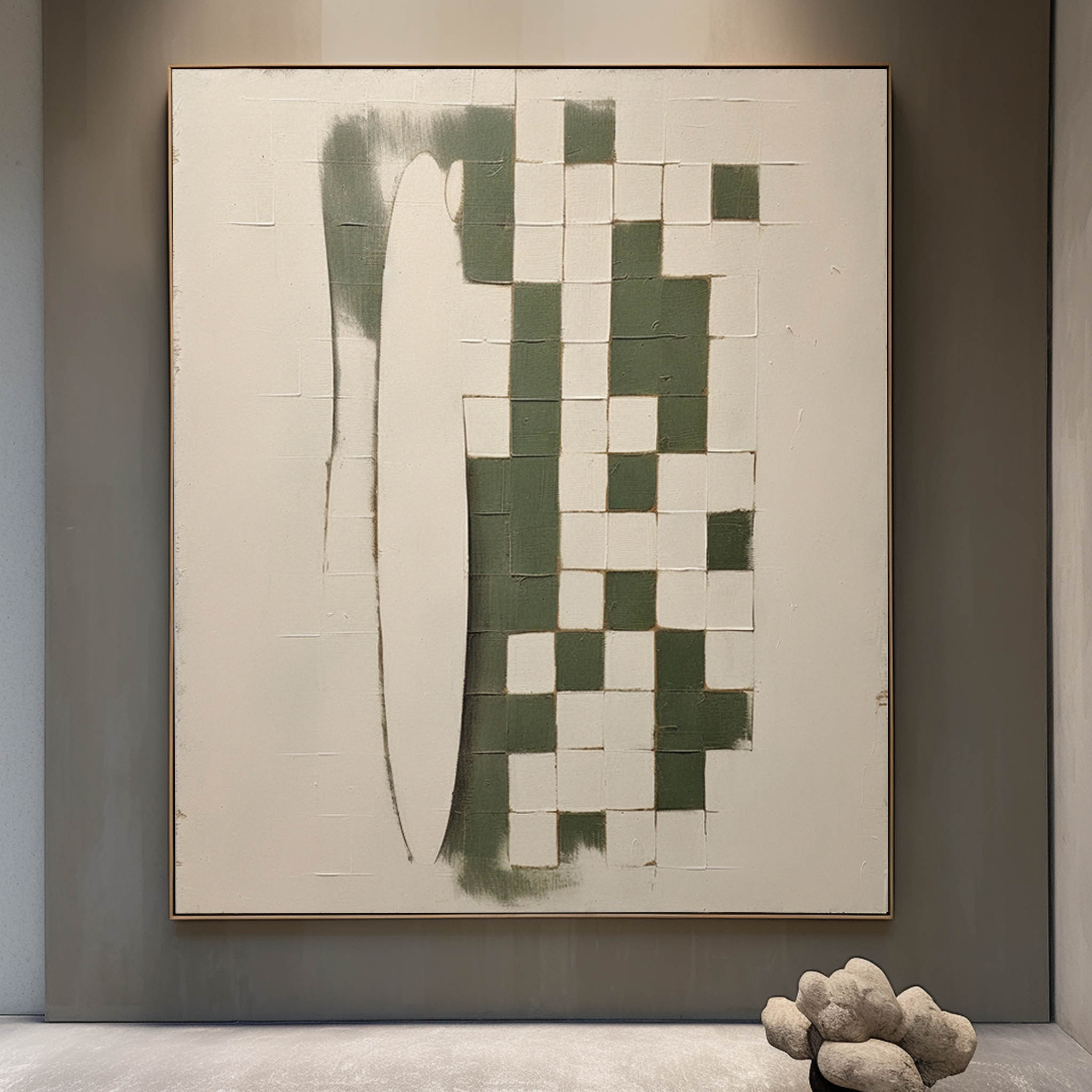 Large Beige And Green Minimalist Canvas Wall Art Wabi-Sabi Art Beige And Green Textured Painting