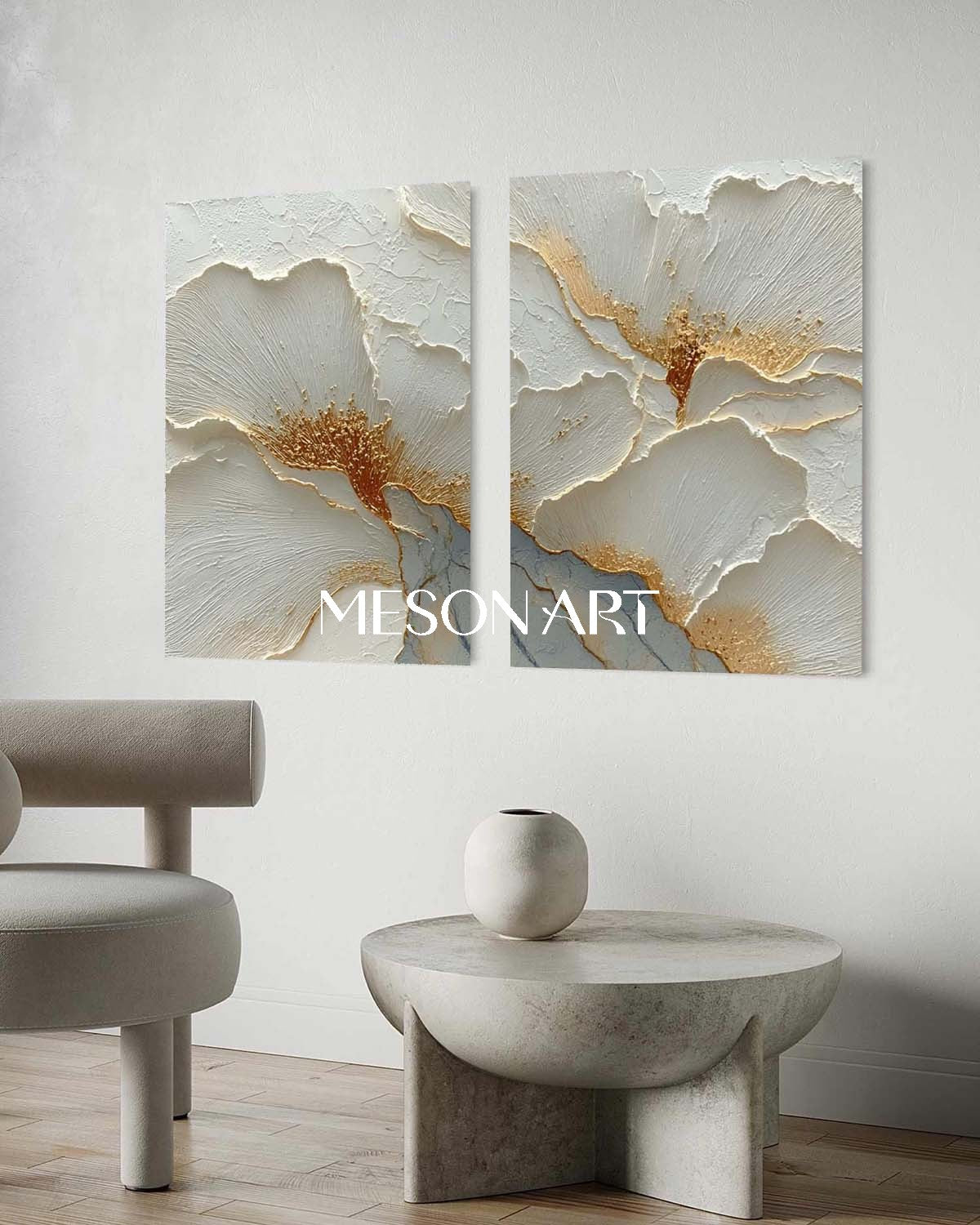 2-Piece Set White and Gold Plaster Canvas Art for Sale, Plaster Flower Paintings