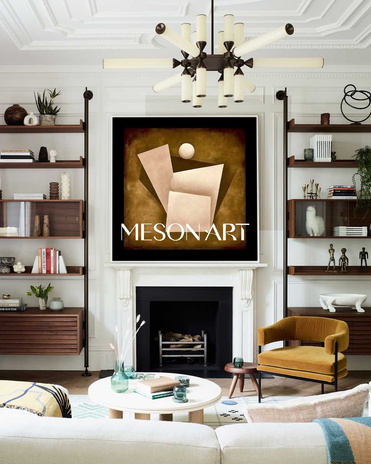 Warm Ochre Abstract Geometric Oil Painting Framed Canvas Art Office Buy