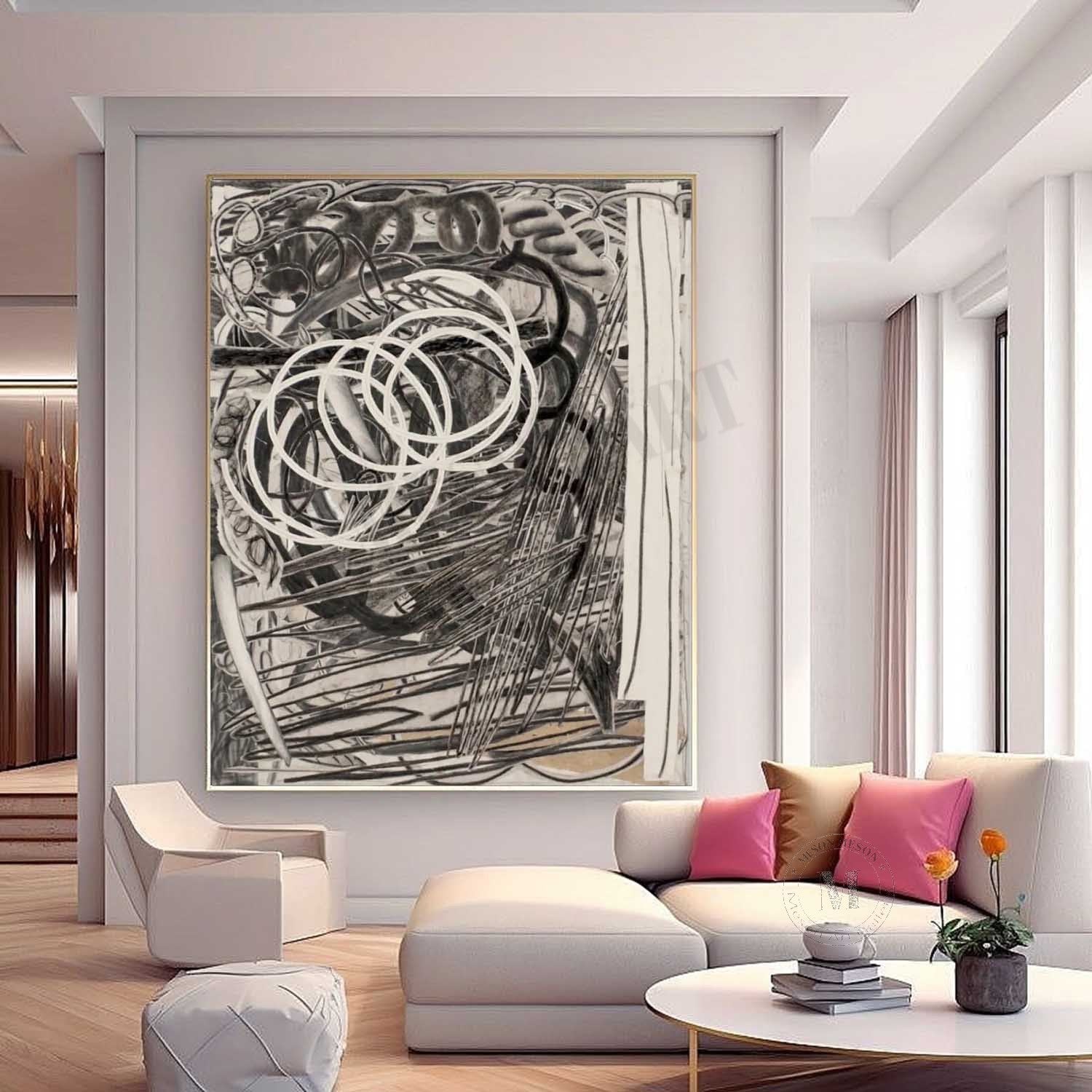 Large Gray Minimalist Painting Grey Lines Abstract Canvas Wall Decor Art For Sale