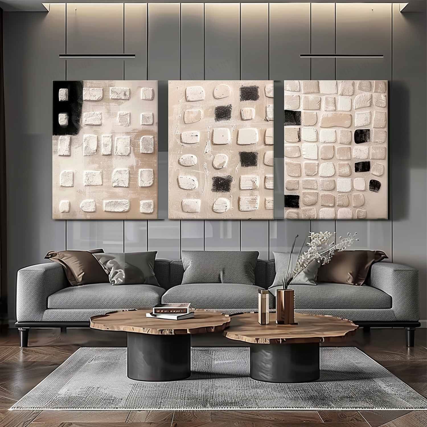 Large 3D Grey Textured Paintings 3 Piece Set Grey Abstract Canvas Art Wabi Sabi Wall Art 3 Piece Set