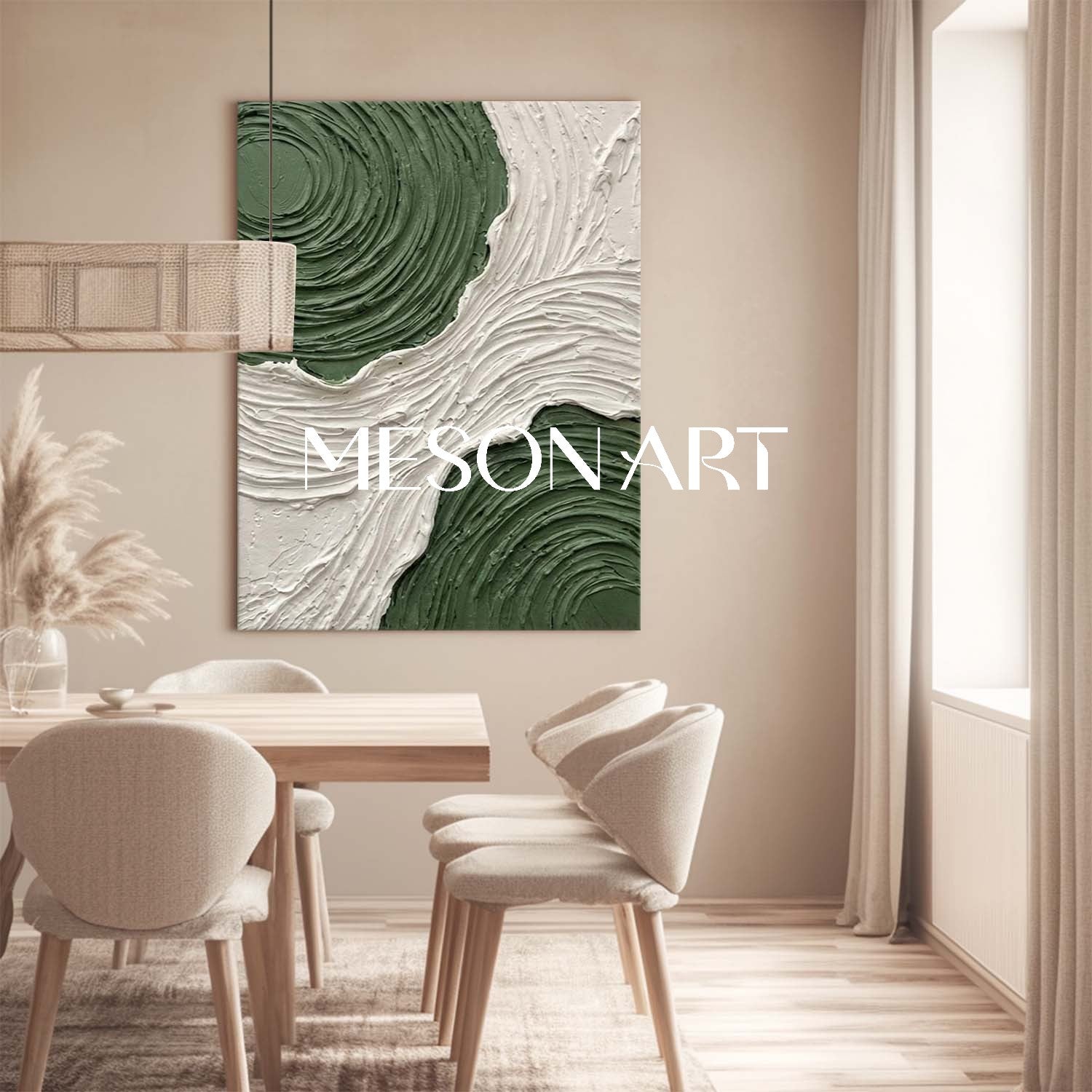 Vertical Green and White Swirl Canvas Green Wall Art Calming Zen Room Decor