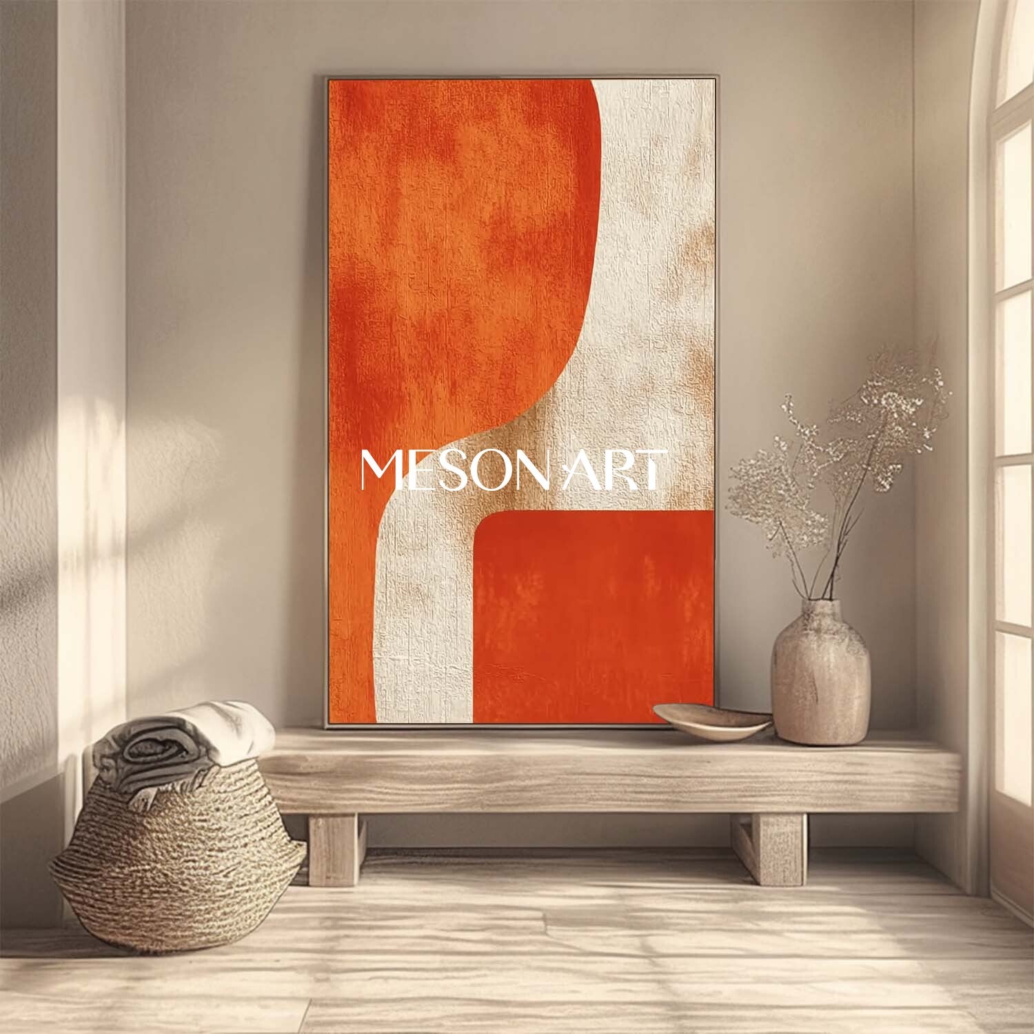 Minimalist Abstract Wall Art Orange and Beige Geometric Canvas Decor