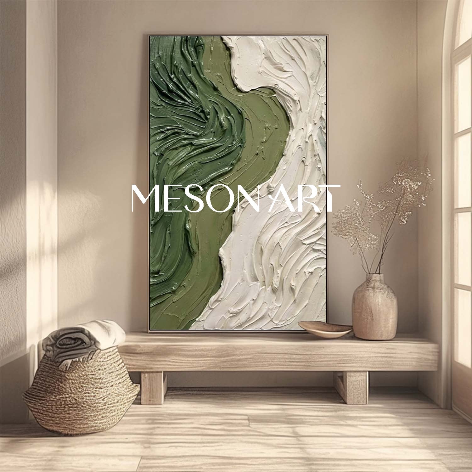Staircase Landing Wall Decor Dark Green Canvas Art Modern Two Tone Art