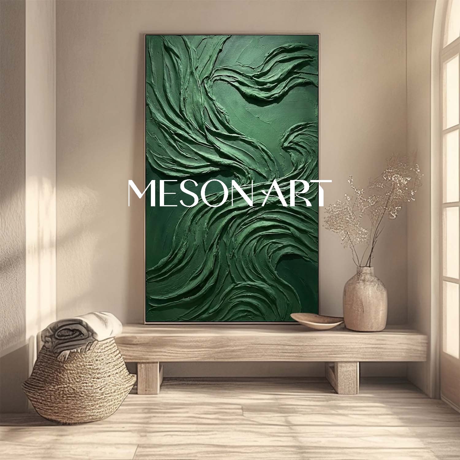 Minimalist Green Interior Decor Dark Green Wall Art Heavy Texture Painting