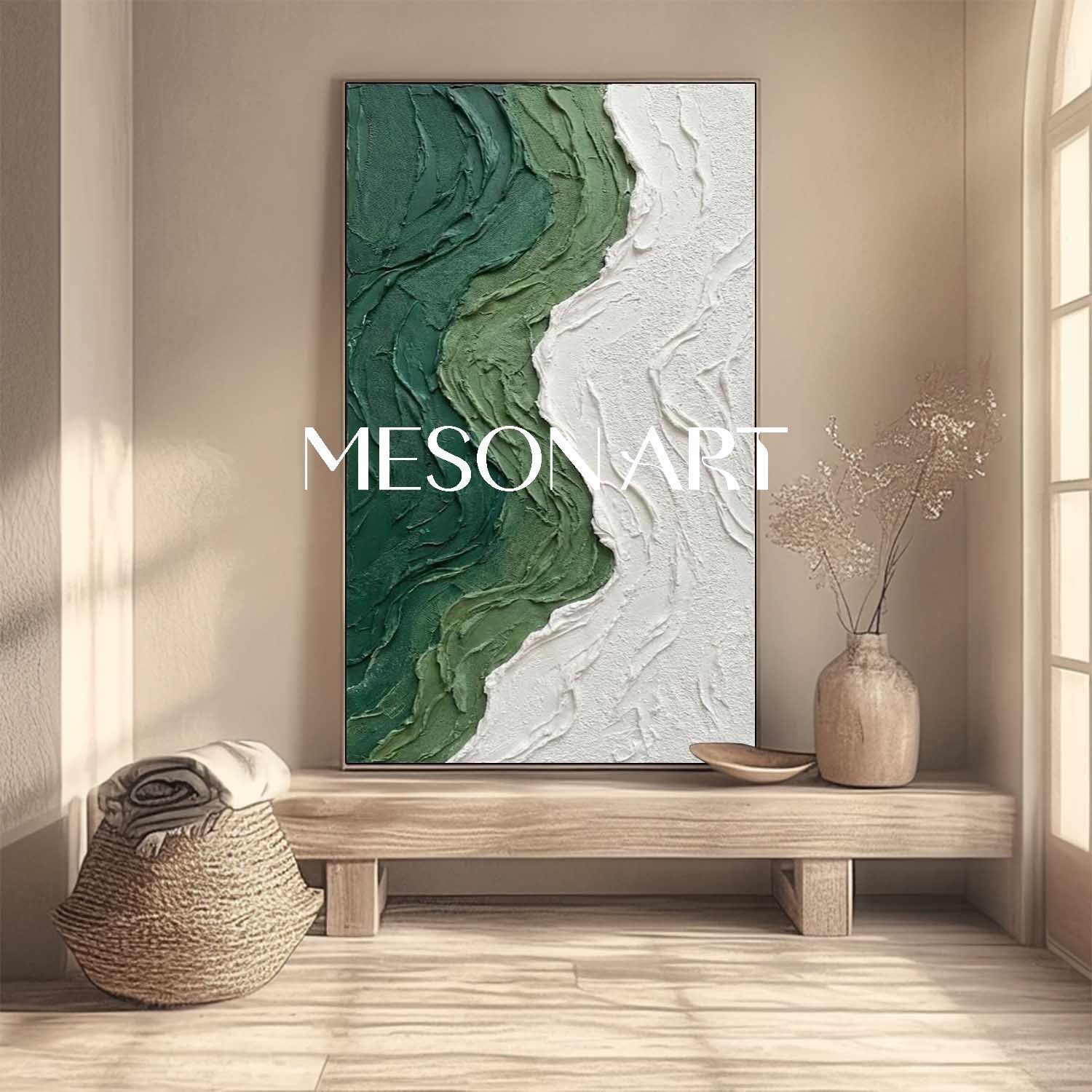 Dark Green Wall Art Heavy Texture Painting Minimalist Green Interior Decor