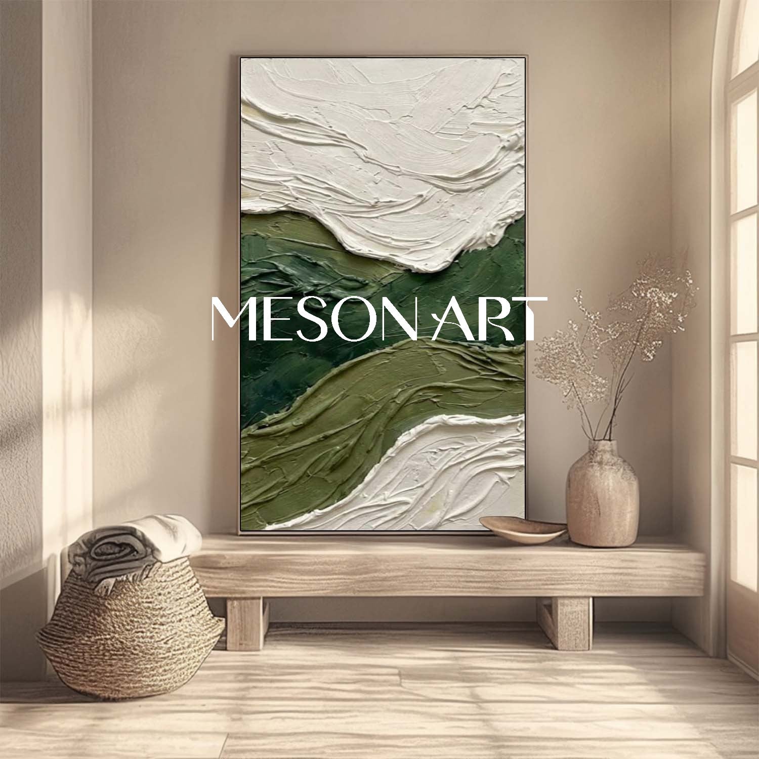 Dark Green Canvas Art High Ceiling Wall Decor Narrow Hallway Art Heavy Texture Painting