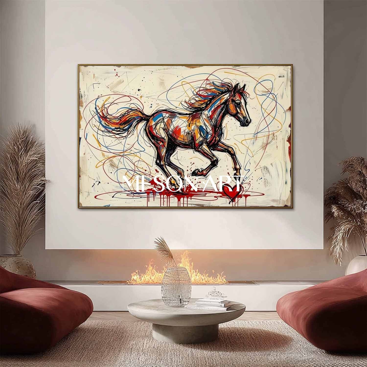MesonArt Abstract Running Horse Canvas Painting Colorful Graffiti Textured Wall Art