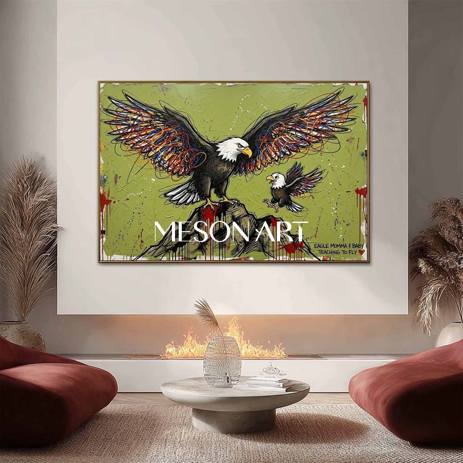 Modern Graffiti Bald Eagle Mother & Baby Teaching to Fly Canvas Wall Art