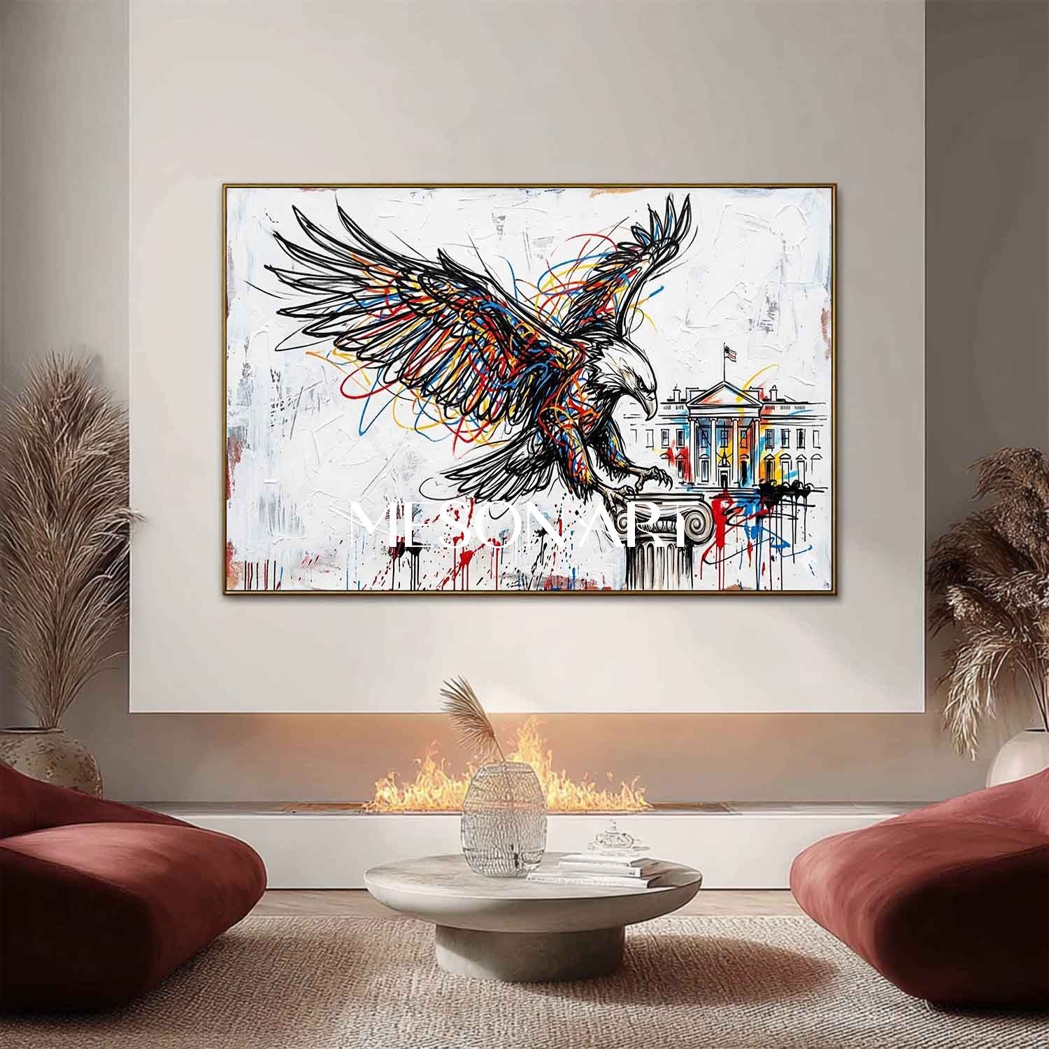 Modern Pop Art Bald Eagle & White House Textured Canvas Painting Abstract Line Art Eagle Graffiti Style Animal Art